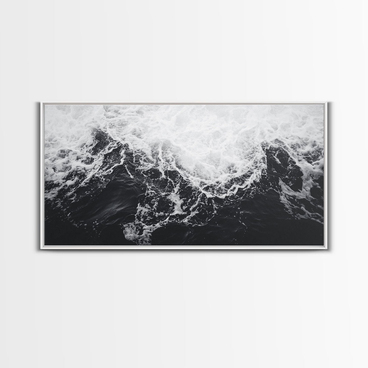 Ocean Texture, Crashing Waves, Abstract Sea, Monochrome Motion, Framed Canvas Print, Coastal Wall Art, Bathroom Minimalist Decor