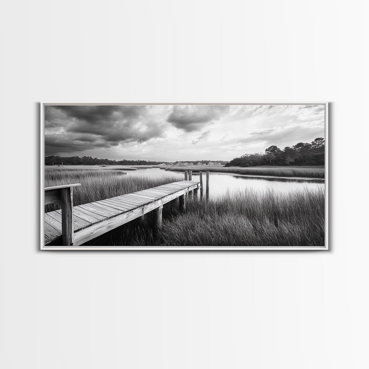 Marsh Dock Scene, Tranquil Water Landscape, Rustic Pier Canvas Print, Black and White Nature, Entryway Art, Coastal Country Home Decor