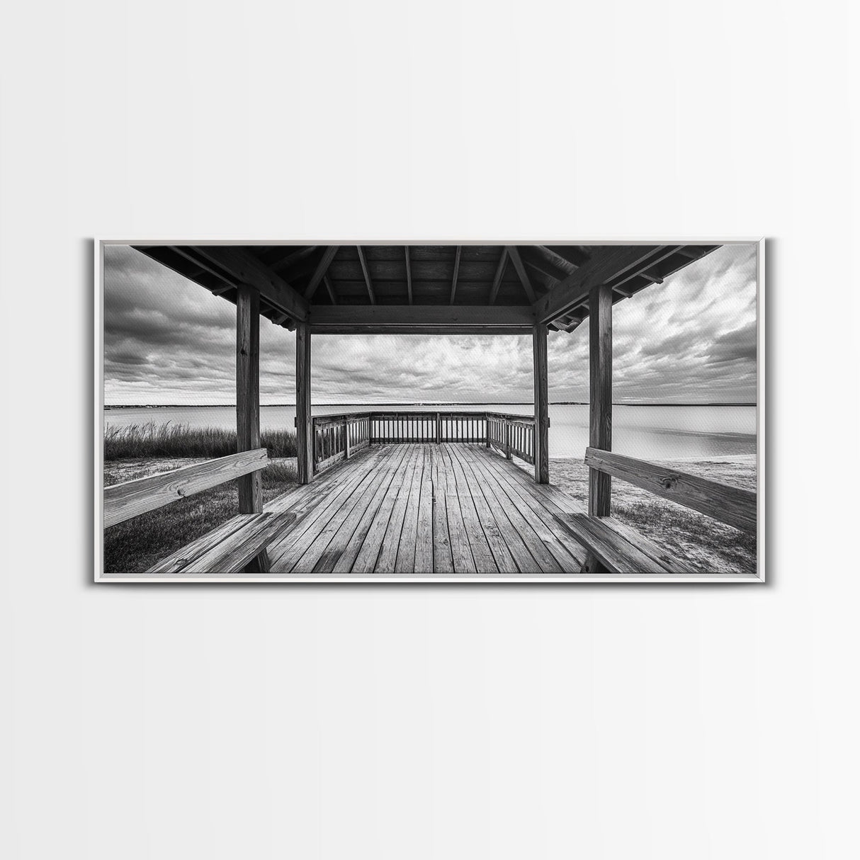 Gazebo By Water, Serene Lake View, Rustic Deck Canvas Print, Minimalist Landscape Wall Art, Neutral Bedroom, Tranquil Home Decor
