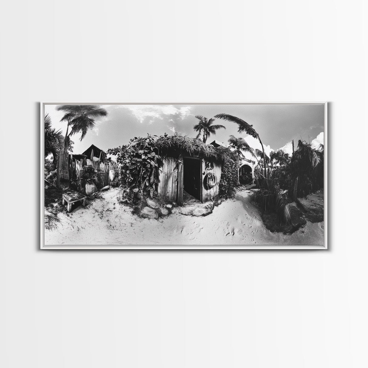 Tropical Beach Shack, Rustic Coastal Decor, Island Vibes, Palm Tree Jungle, Framed Canvas Print, Boho Living Room Wall Art