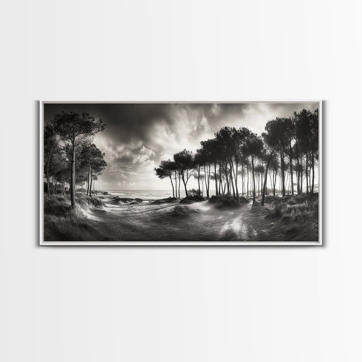 Tree Silhouettes, Coastal Pines Sunset, Nature Path Scene, Framed Canvas Print, Autumn Living Room or Rustic Cabin Wall Decor
