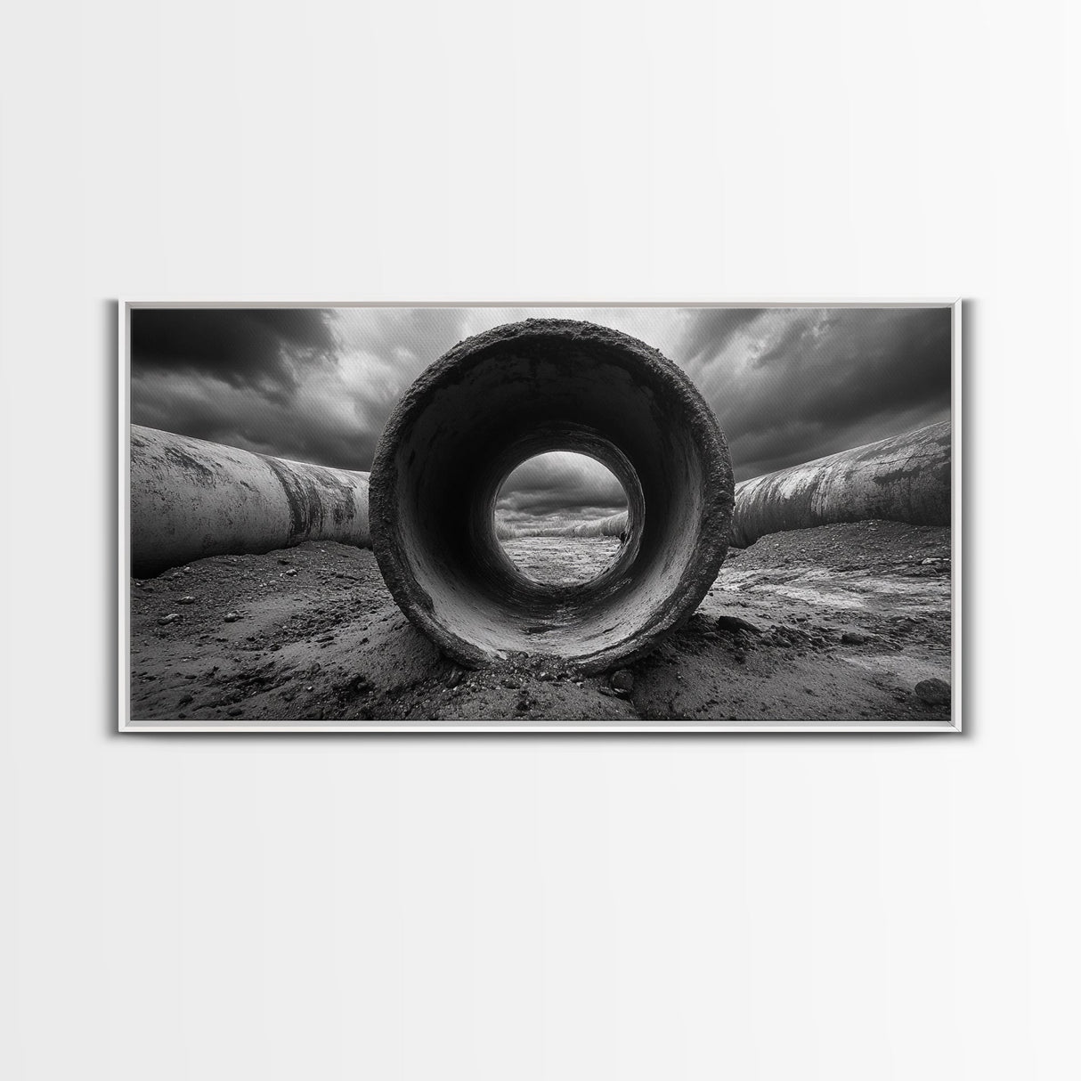 Storm Drain Pipe, Industrial Perspective, Moody Cloudscape, Framed Canvas Print, Urban Loft Decor or Dramatic Modern Wall Art