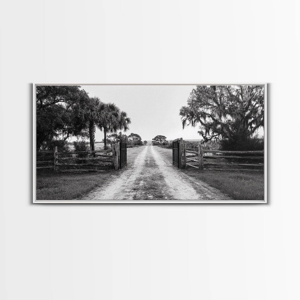 Rustic Gate Trail, Southern Country Road, Tree-Lined Entry, Framed Canvas Print, Farmhouse Style, Entryway or Office Wall Art