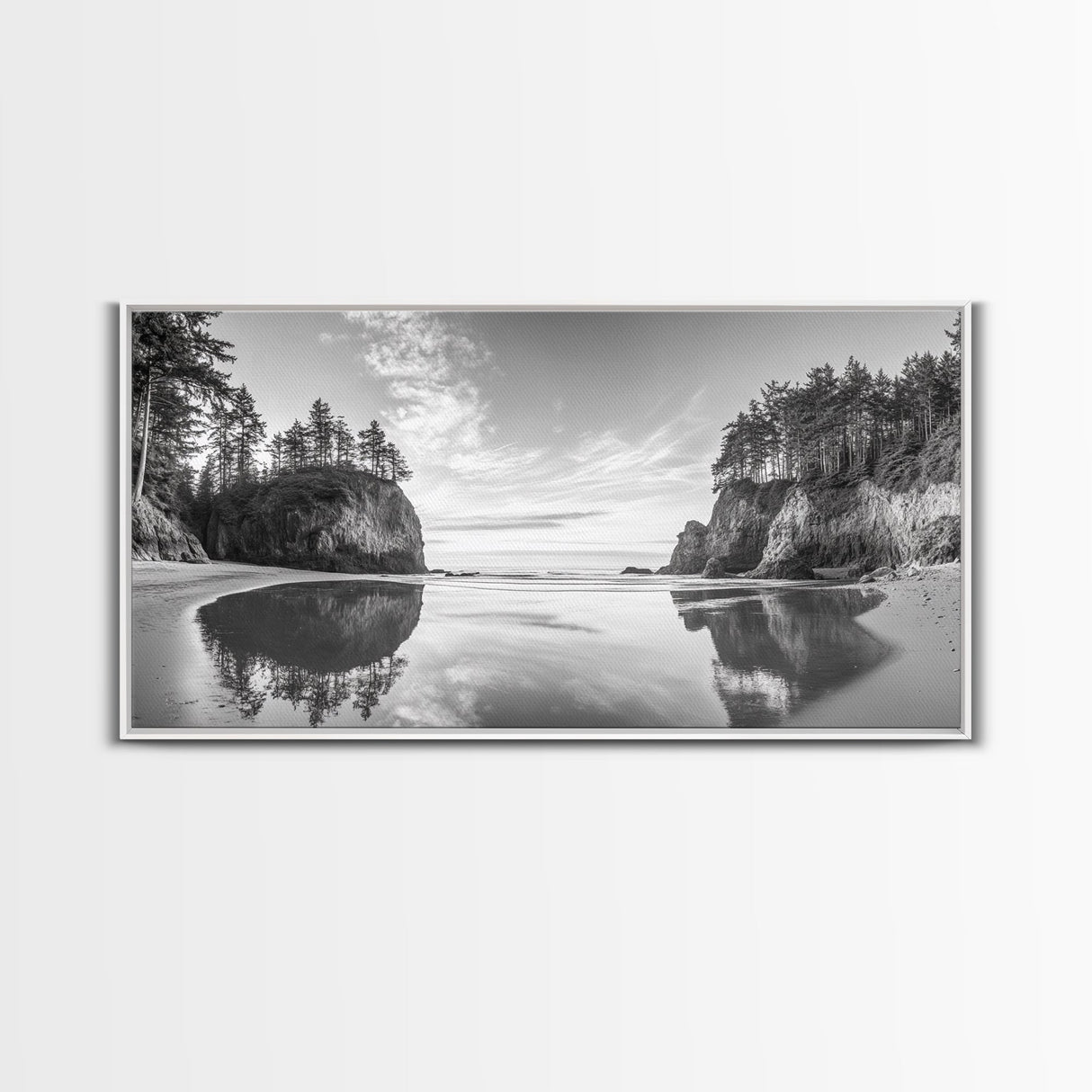 Sea Stacks, Calm Waters, Coastal Trees, Tranquil Morning, Framed Canvas Print, coastal wall art, nature inspired, entryway decor