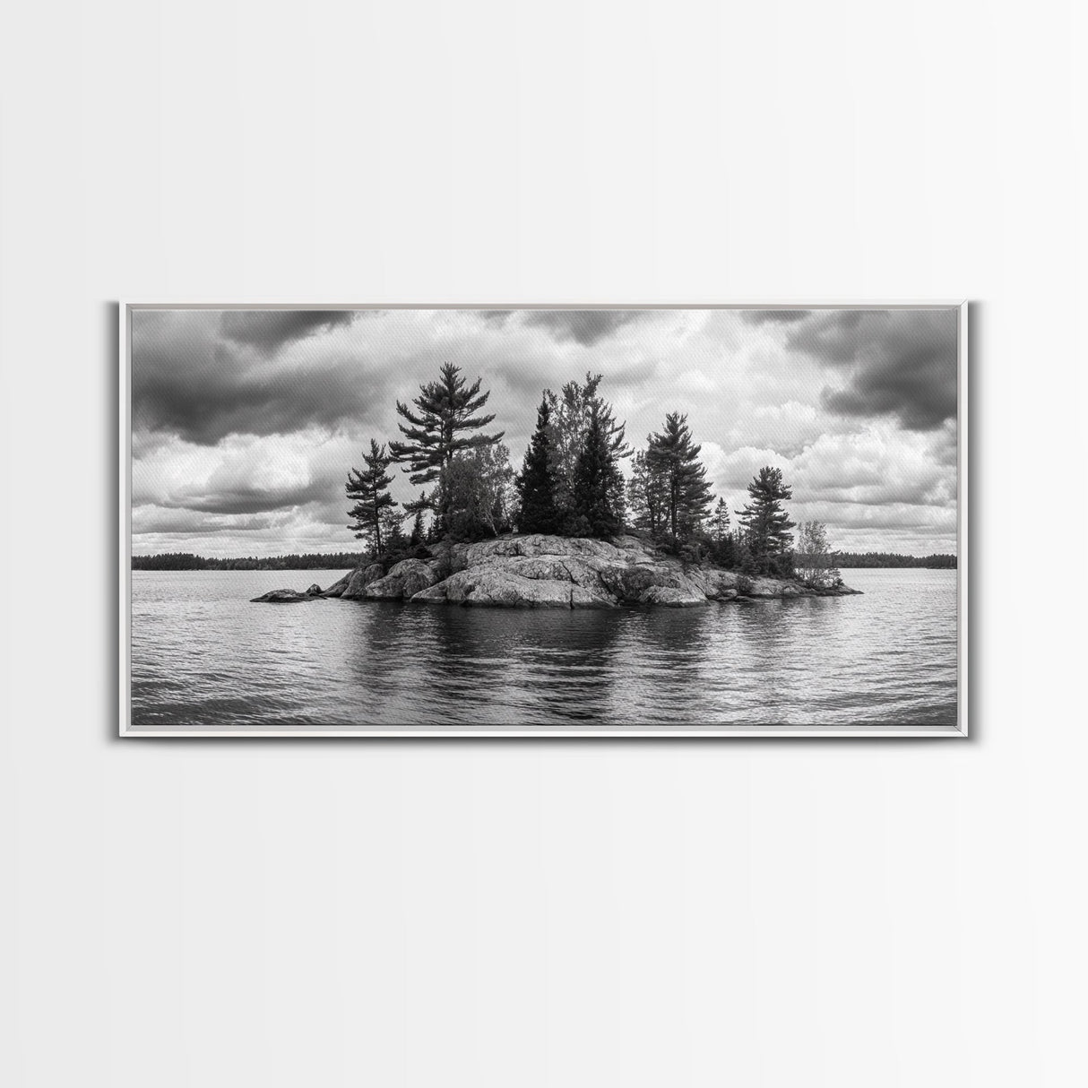 Lake Island, Pine Trees, Nature Panorama, Black and White Wilderness, Framed Canvas Print, Office Wall Art, Outdoor Inspired Decor