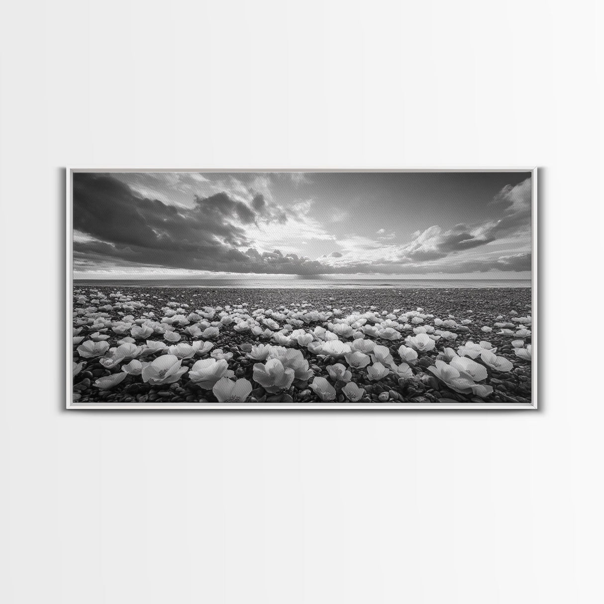 Flower Beach Shore, Coastal Blossoms, Pebble Flower Scene, Nature Bloom Decor, Canvas Print, Living Room Wall Art, Boho Art