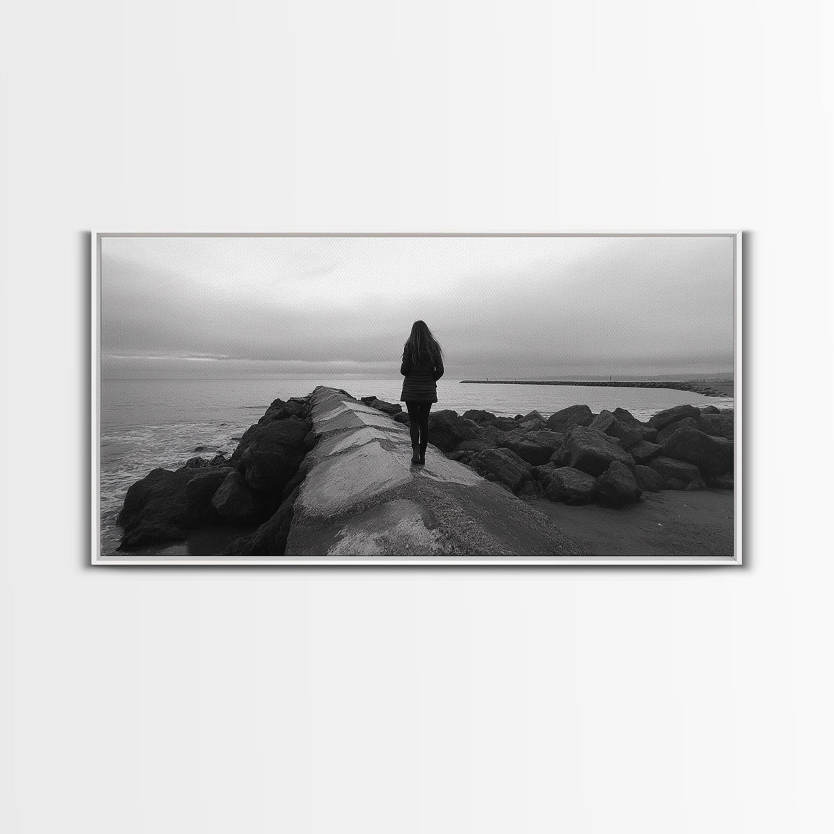 Woman Walking, Jetty View, Seaside Mood, Solitude Moment, Framed Canvas Print, Moody Wall Art, Bedroom Meditation Decor, Boho Decor