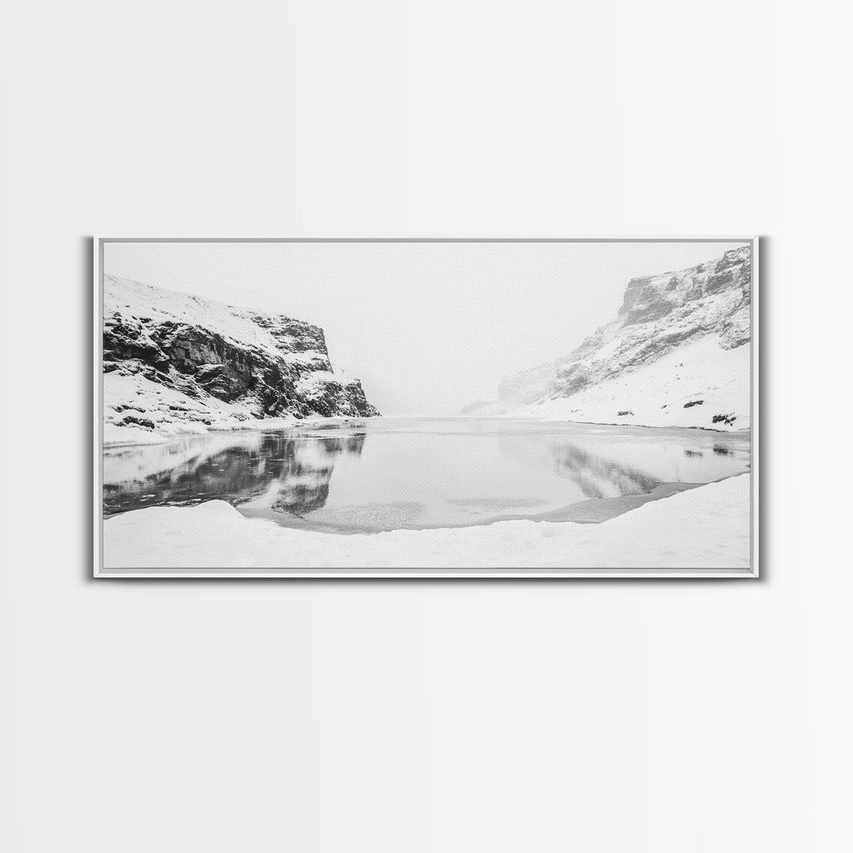 Snowy Cliff Reflection, Winter River Scene, Black and White Nature, Framed Canvas Print, Minimalist Wall Art, Neutral Winter Decor