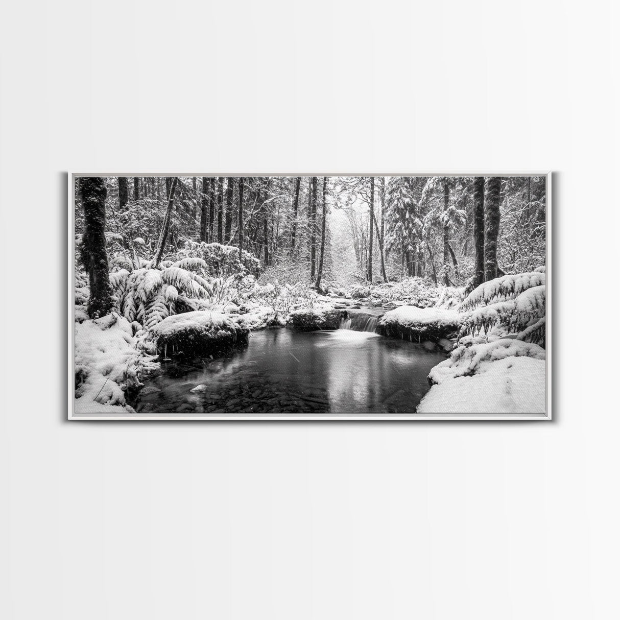 Winter Forest Creek, Snow Covered Trees, Black and White Tranquil Art, Canvas Print, Holiday Wall Art, Nature Lover Gift, Cozy Vibe