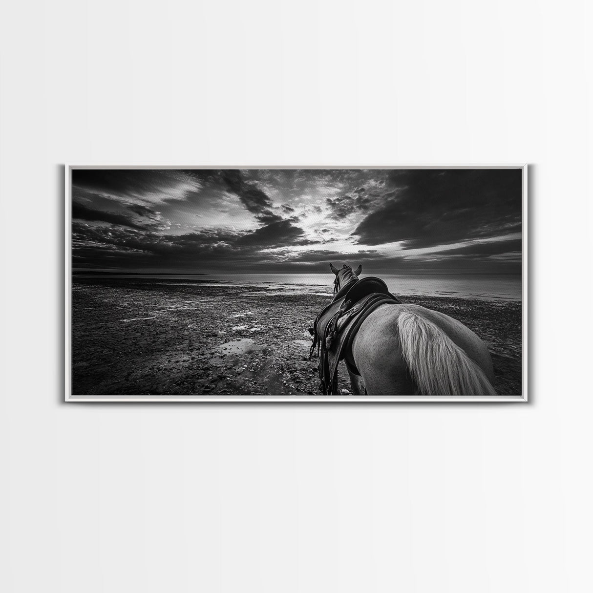 Horseback Beach, Sunset Ride, Equestrian Art, Moody Horizon Scene, Canvas Print, Cowboy Country Decor, Rustic Living Room Wall Art