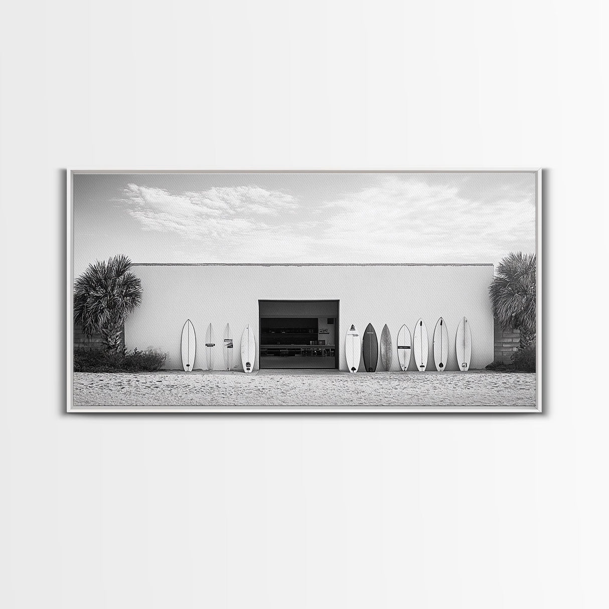 Surfboards, Beach Garage, Modern Coastal, Ocean Style, Framed Canvas Print, surf shack decor, teen room wall art, minimalist beach art