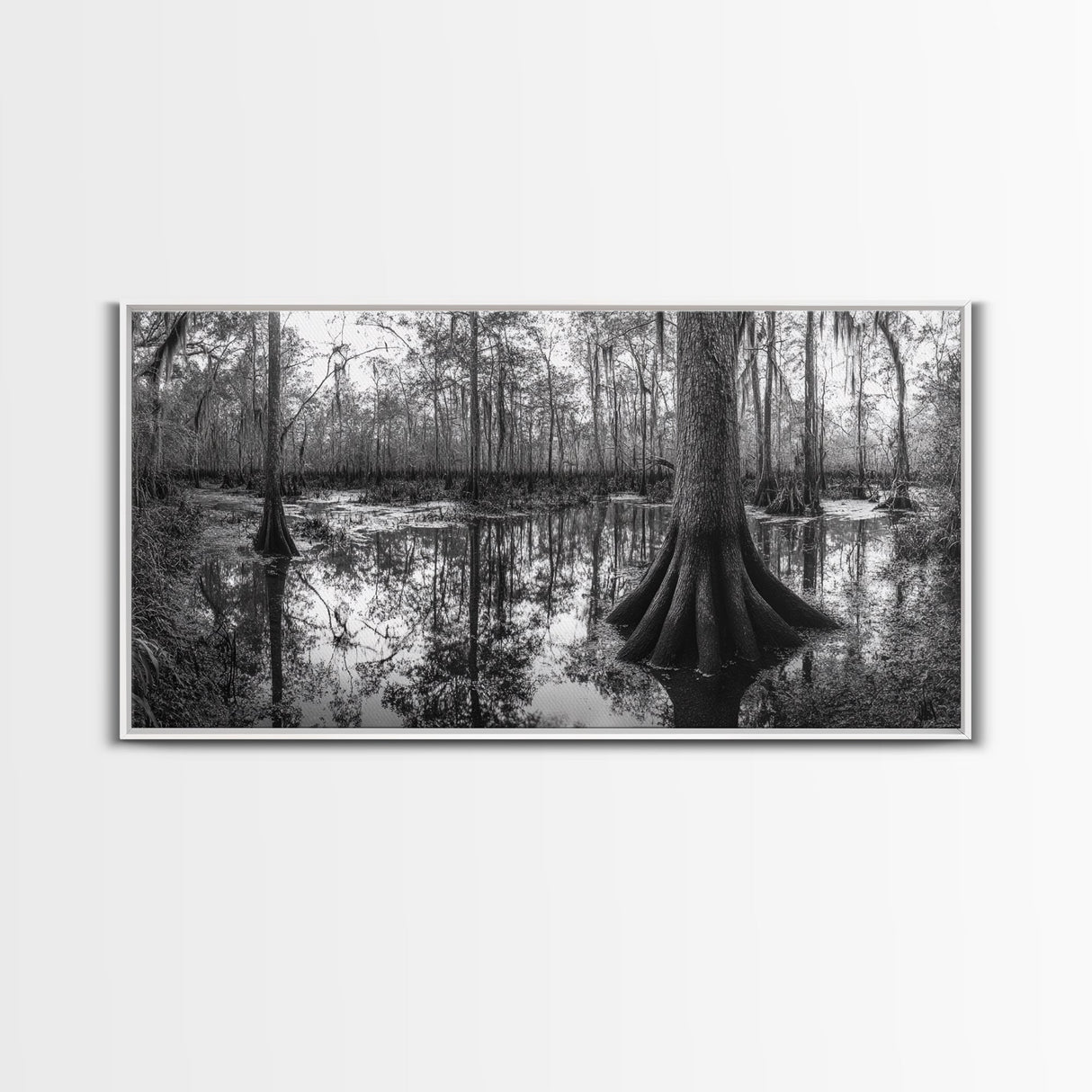 Swamp Trees, Cypress Water, Nature Reflections, Marsh Scene, Framed Canvas Print, rustic cabin decor, hallway wall art, forest wall print