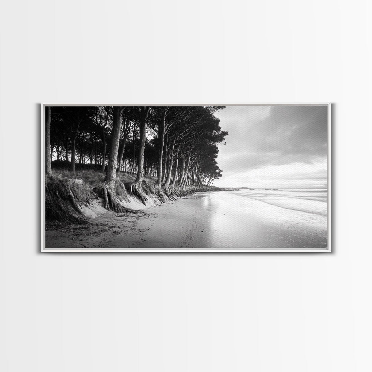 Pine Trees, Sandy Beach, Coastal Serenity, Driftwood Shore, Framed Canvas Print, neutral wall art, coastal rustic style, entryway landscape