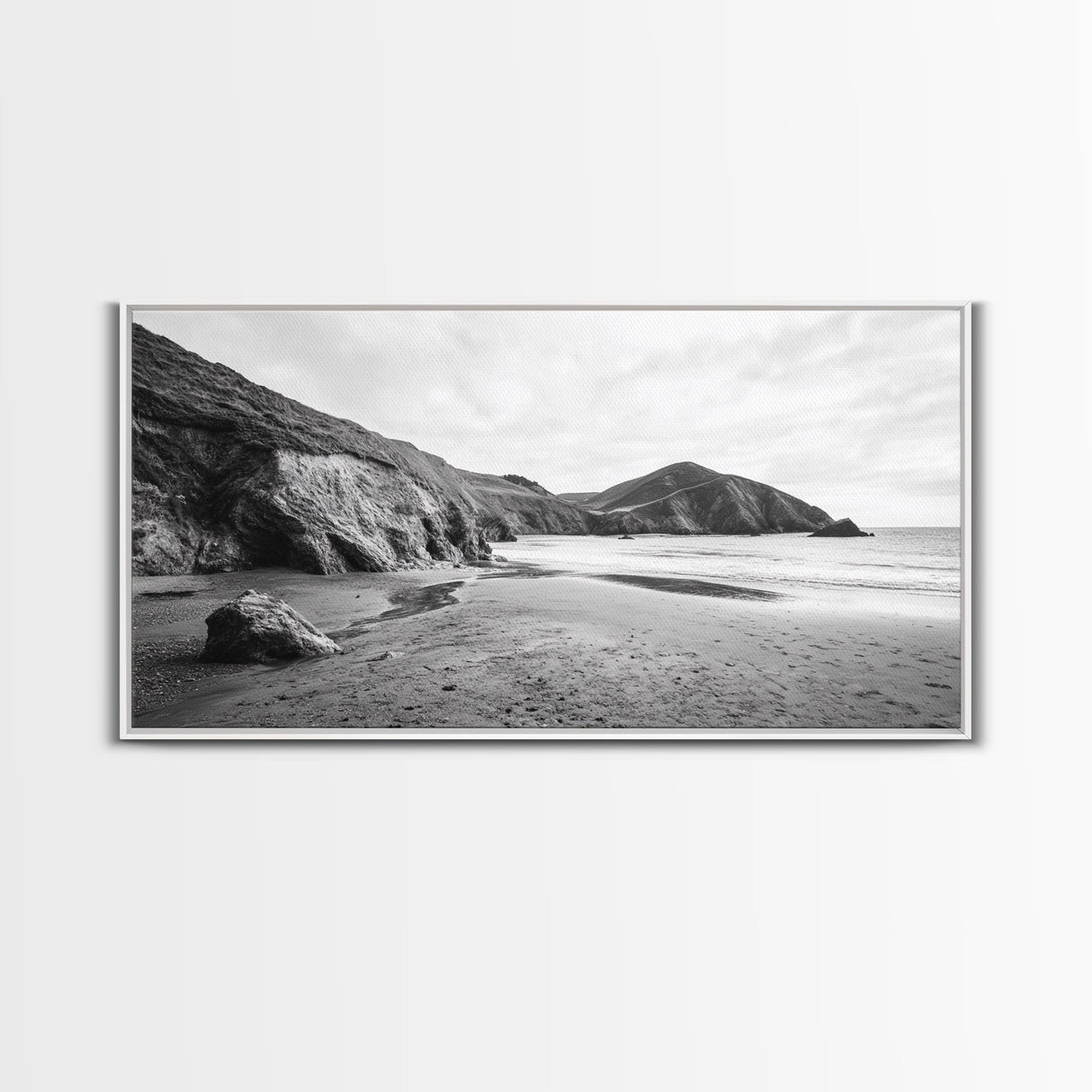 Coastal Cliffs, Ocean Shore, Scenic Beach, Framed Canvas Print, Nature Photography, Bathroom Wall Art, Neutral Tones, Coastal Home Decor