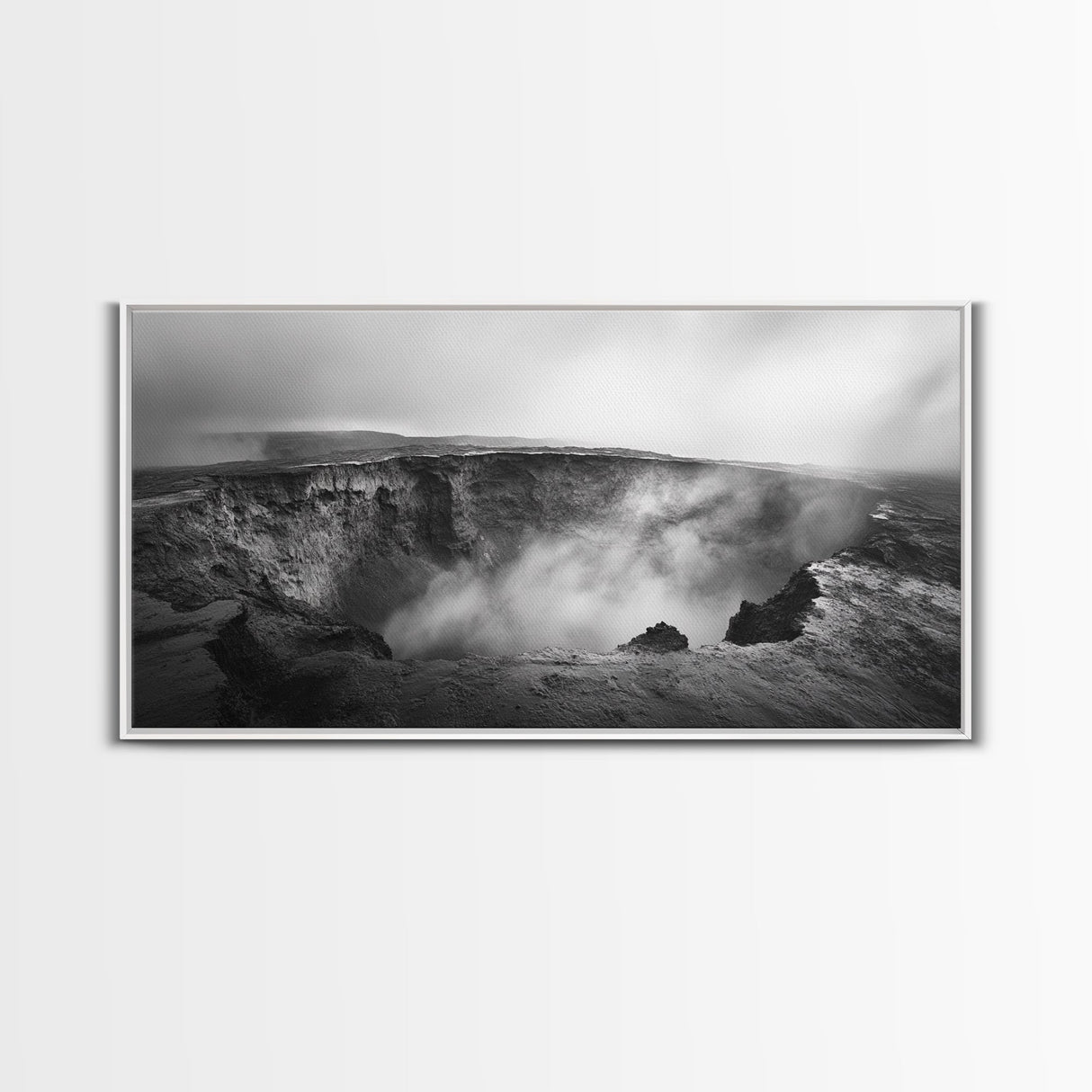 Volcanic Crater, Smoky Earth, Epic Landscape, Framed Canvas Print, Dramatic Nature Art, Study Room Decor, Moody Monochrome Photography