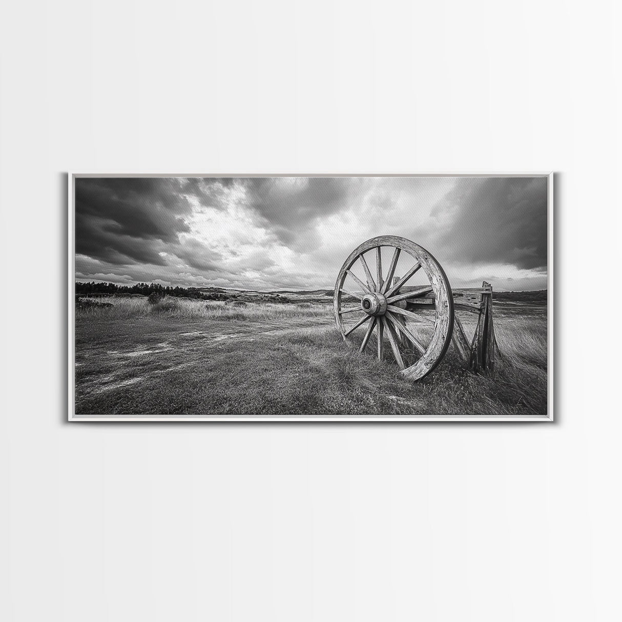 Prairie Wagon Wheel, Western Landscape, Rustic Field, Canvas Print, Country Farmhouse Wall Art, Fall Rustic Decor, Black And White Art