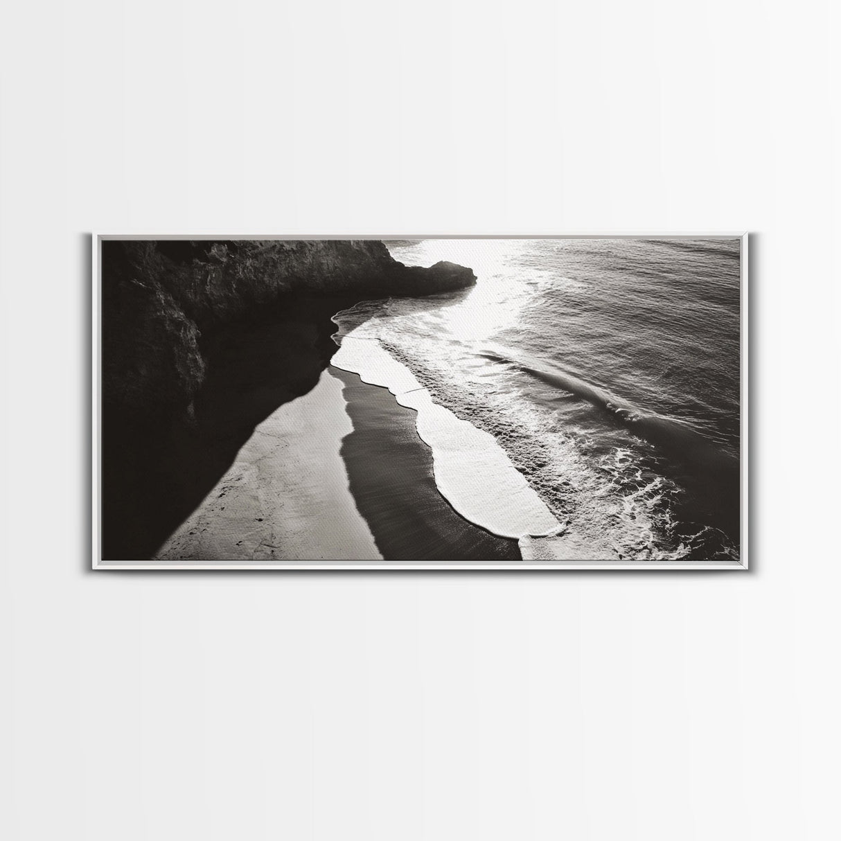 Shoreline Light, Coastal Waves, Cliff Shadow, Beach Edge, Framed Canvas Print, Ocean Minimalist Art, Bathroom Wall Decor
