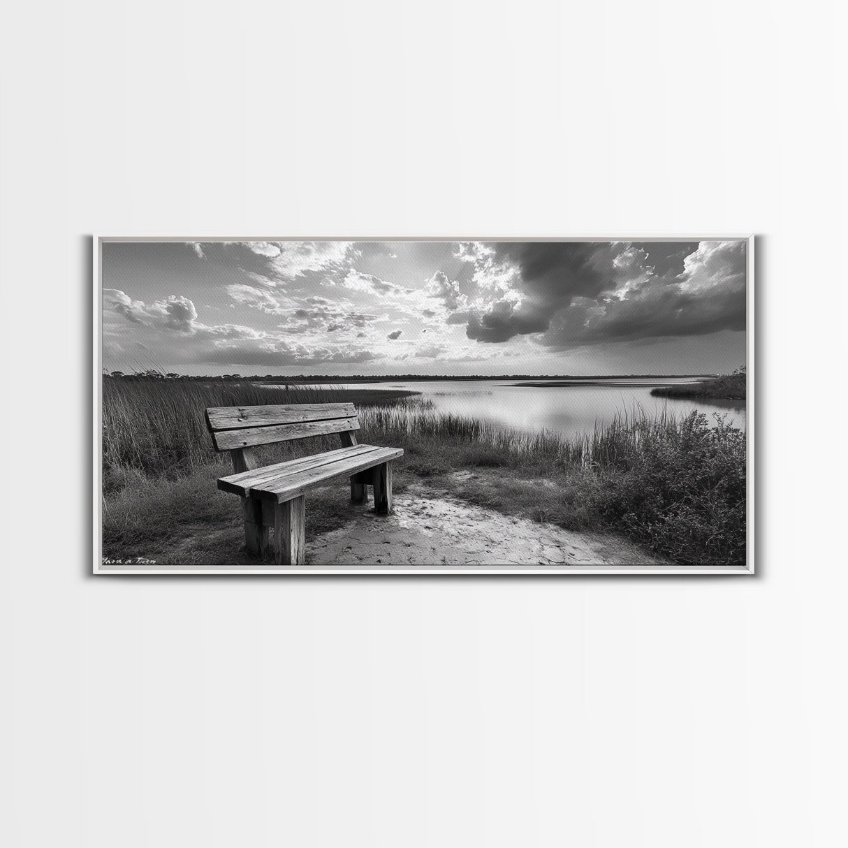 Lakeside Bench, Calm Waters, Sunset View, Canvas Print, Tranquil Nature Photography, Living Room Wall Art, Serene Outdoor Fall Landscape