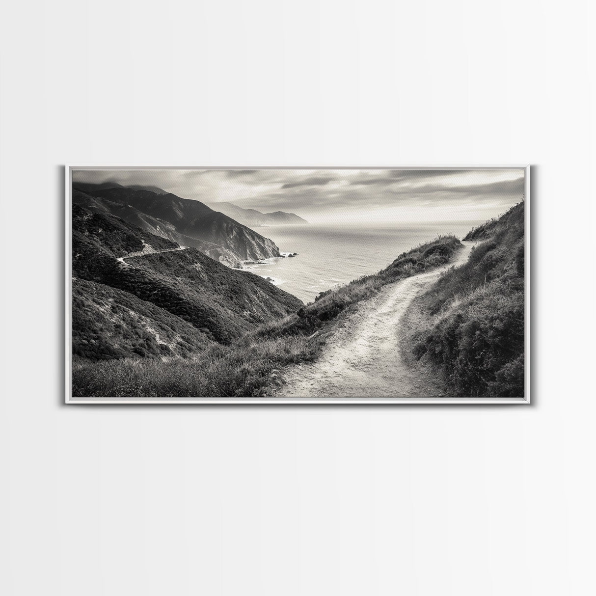 Cliffside Trail Path, Coastal Hiking Print, Rugged Ocean View, Nature Adventure Wall Art, Rustic Modern Decor, Framed Canvas Print