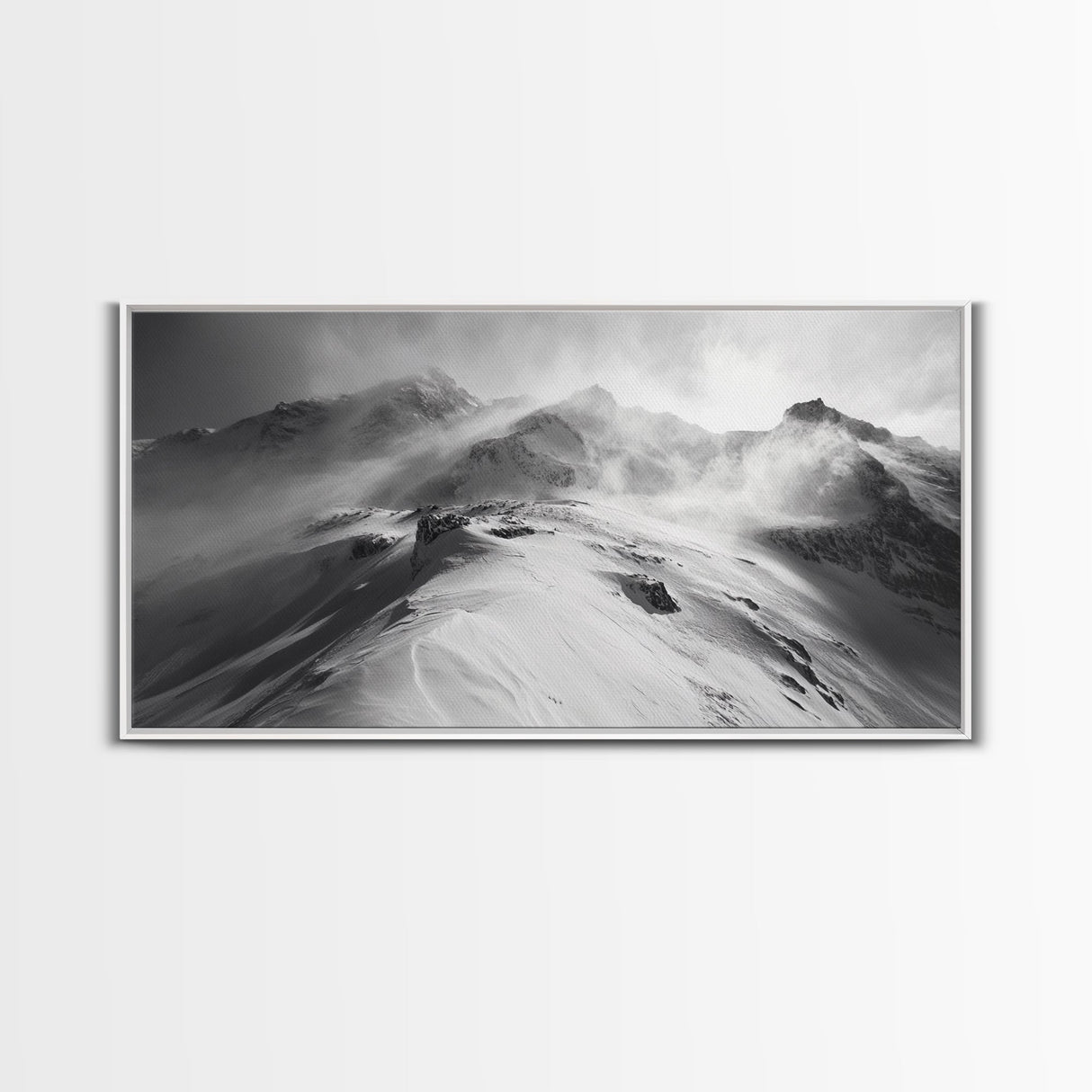 Snowy Peak, Windy Mountain, Winter Landscape, Framed Canvas Print, Black and White Art, Cabin Wall Decor, Moody Alpine Art, Rustic Wall Art