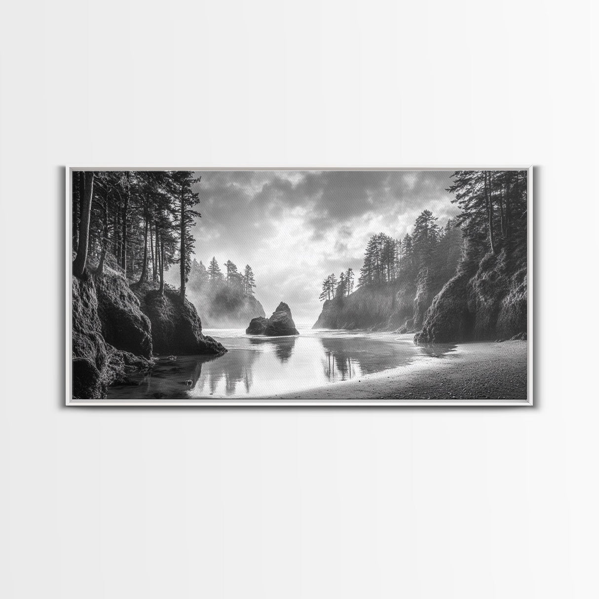 Forest Coast, Secluded Beach, Ocean Rocks, Misty Trees, Framed Canvas Print, Nature Wall Art, Living Room Decor, Moody Landscape