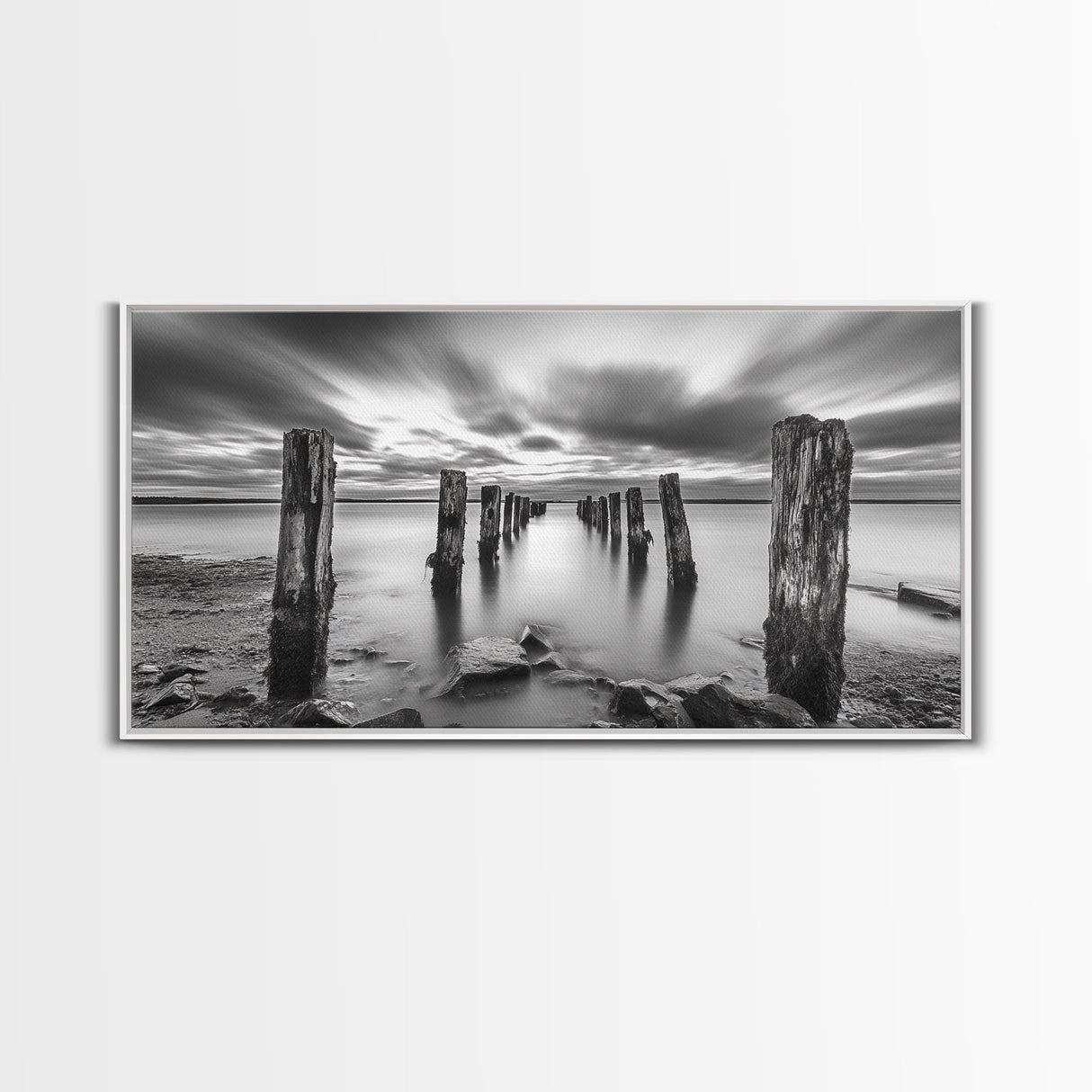 Ocean Pilings, Calm Waters, Cloud Streaks, Sunset Mood, Canvas Print, Minimalist Seascape, Bedroom Wall Art, Serene Beach Decor