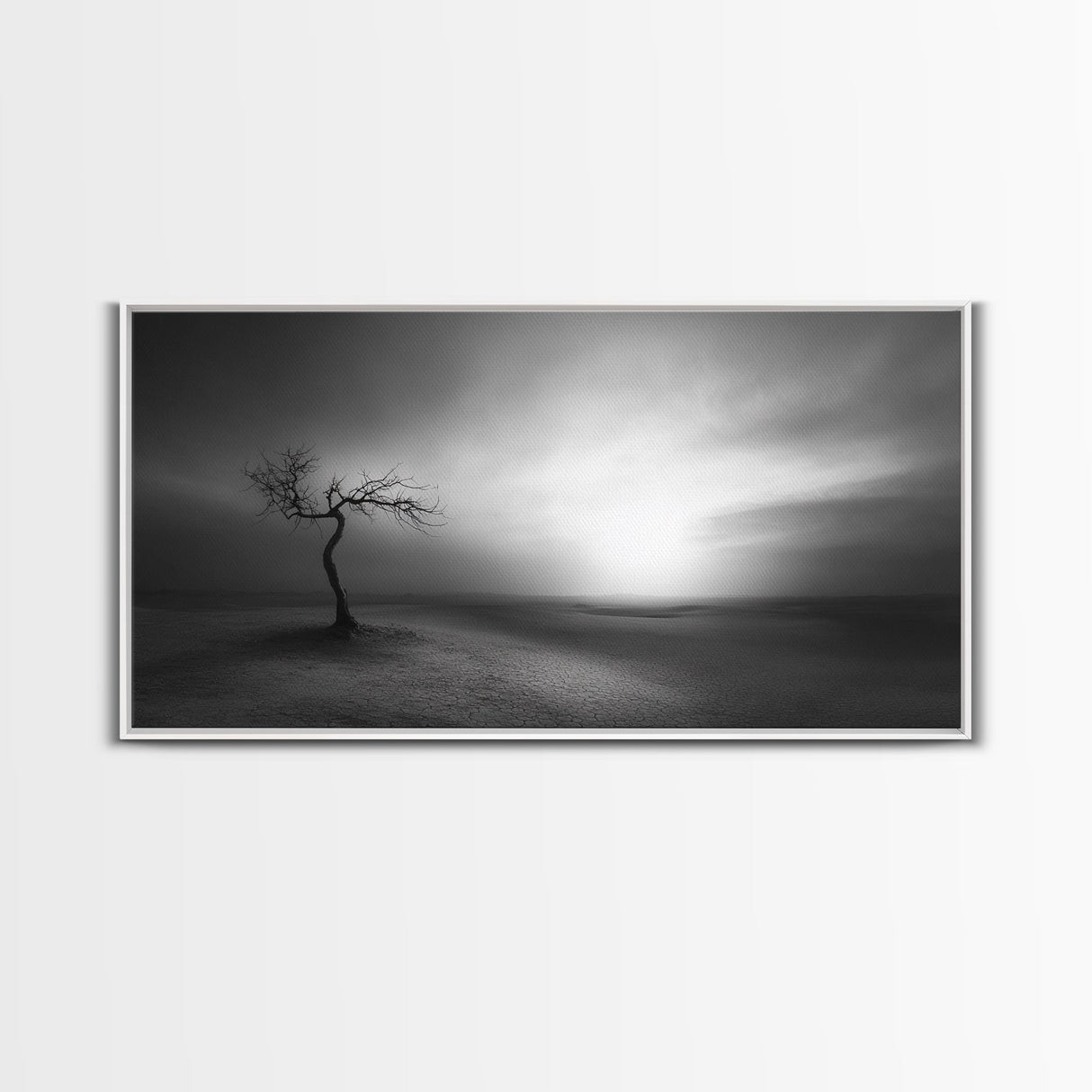 Lonely Tree, Dramatic Desert, Emotional Landscape, Framed Canvas Print, Bedroom Wall Art, Black White Decor, Surreal Art Vibes