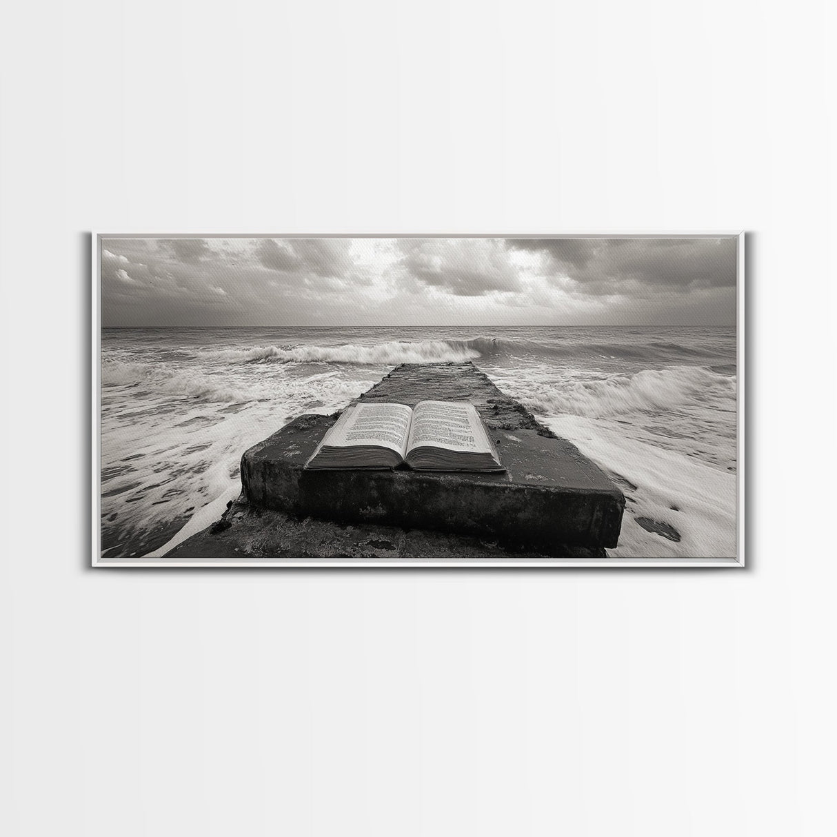 Ocean and Book, Moody Literary Print, Surreal Seascape Art, Framed Canvas Print, Library or Reading Nook Wall Decor, Dark Academia