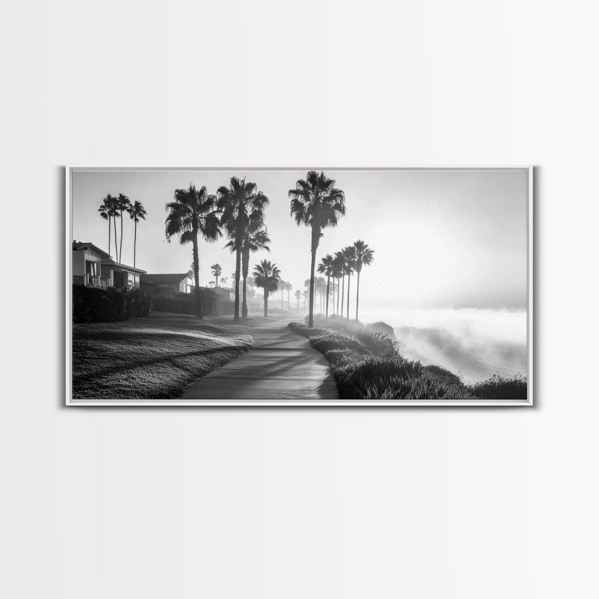 Palm Tree Pathway, Beachfront Neighborhood Vibes, Coastal Street Scene, Framed Canvas Print, Entryway Art, Minimalist Coastal Home Decor
