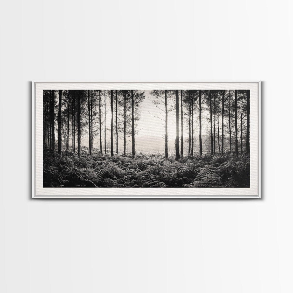 Forest Light Scene, Tall Trees Shadows, Nature Mist Pathway, Framed Canvas Print, Woodland Bedroom Art, Boho Rustic Wall Decor