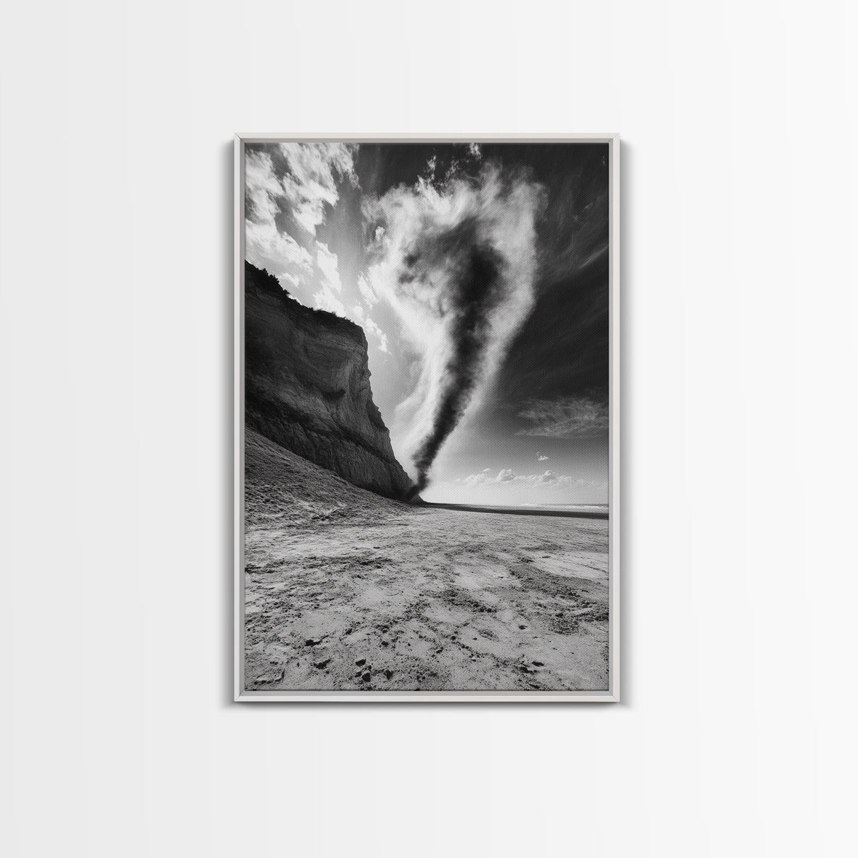 Tornado Beach Scene, Stormy Skies, Black and White Drama, Nature Photography, Framed Canvas Print, Office Wall Art, Moody Minimalist Decor