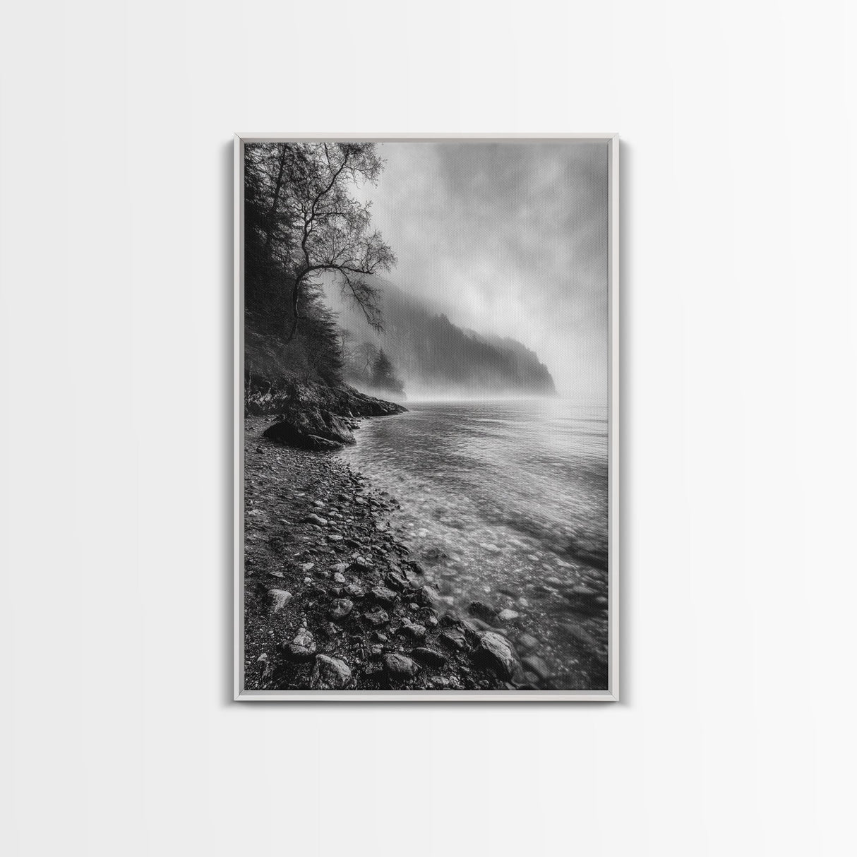 Foggy Coast, Moody Shore, Tranquil Pebbles, Forest Water, Framed Canvas Print, Bathroom Wall Art, Nature Photography Style, Calm Retreat Decor