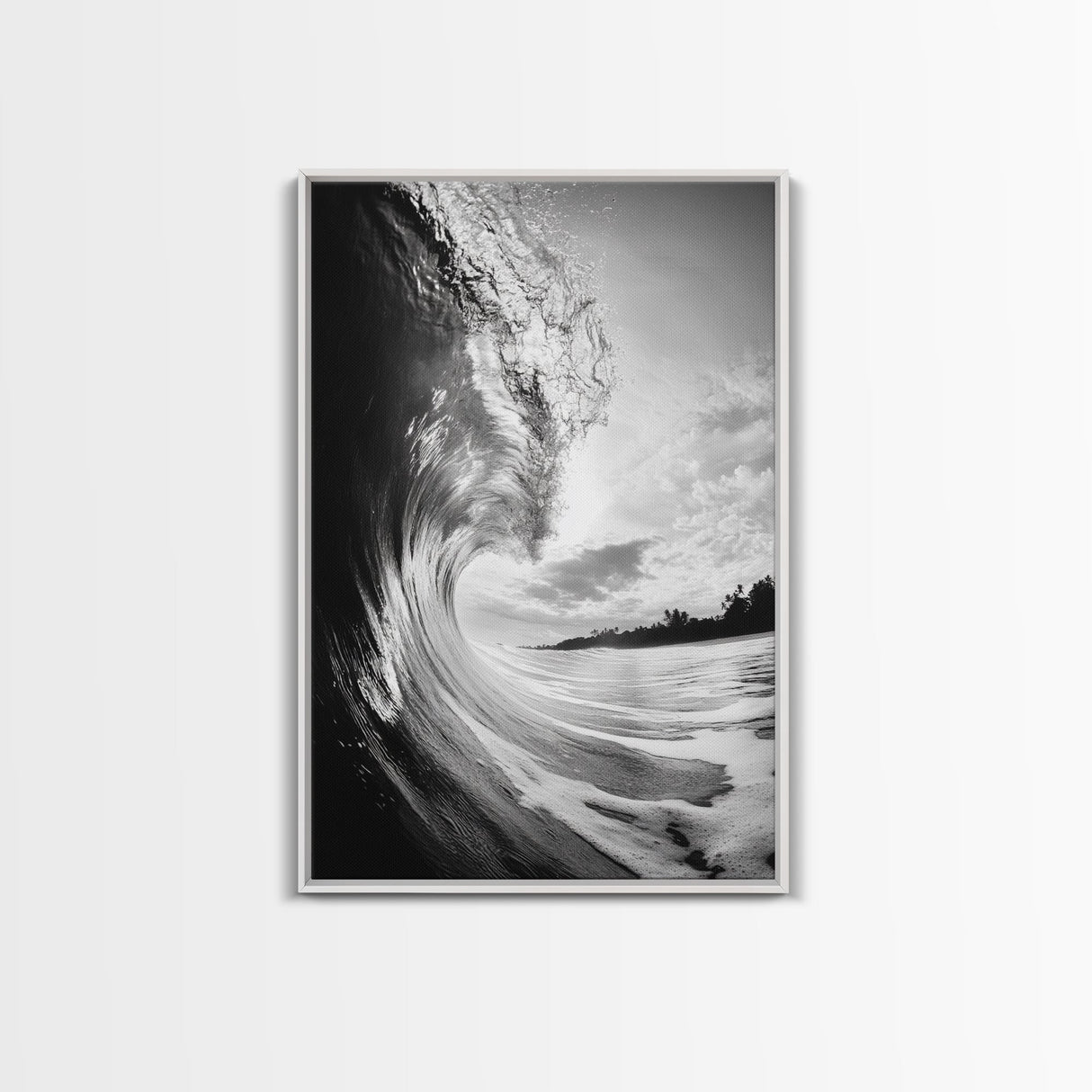 Ocean Wave Curl, Sea Barrel Art, Surf Power Print, Framed Canvas Print, Bathroom Wall Art, Modern Beach Decor, Black White Seascape
