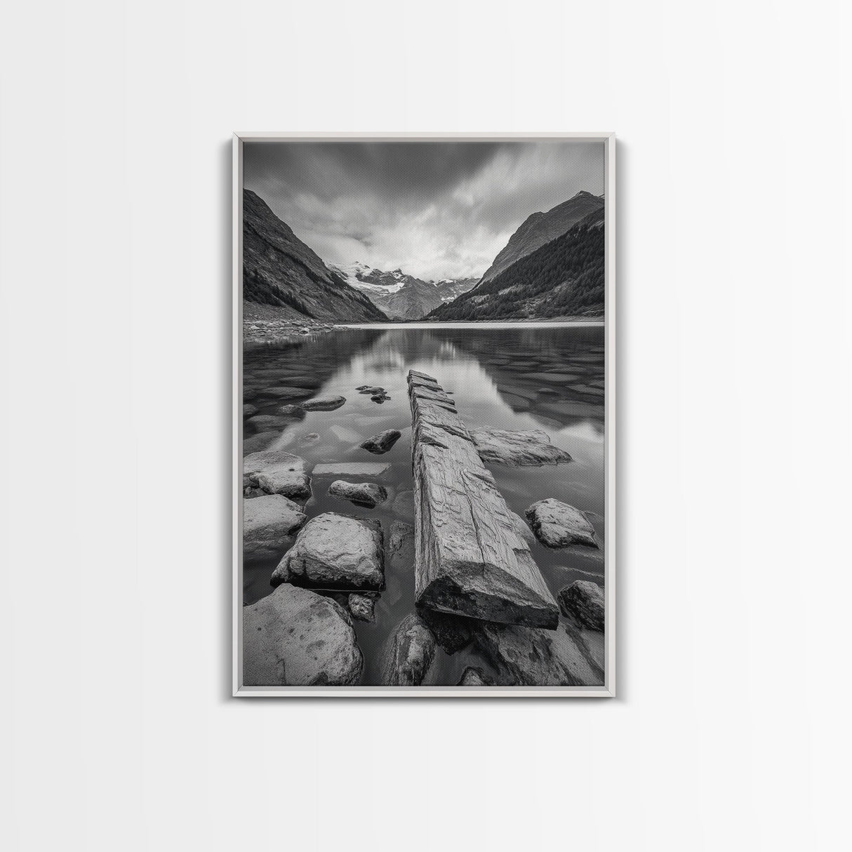 Mountain Lake Log, Alpine Serenity Scene, Tranquil Rock Shore, Canvas Print, Bedroom Wall Art, Nature Retreat, Minimalist Landscape