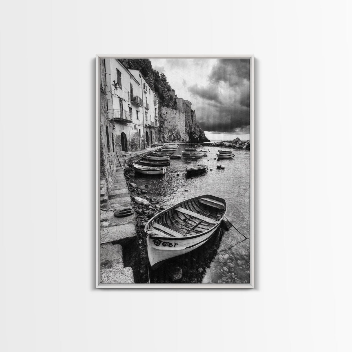 Coastal Village, Fishing Boats, Mediterranean Harbor, Seaside Charm, Framed Canvas Print, Nautical Kitchen Wall Art, Fall Decor Accent