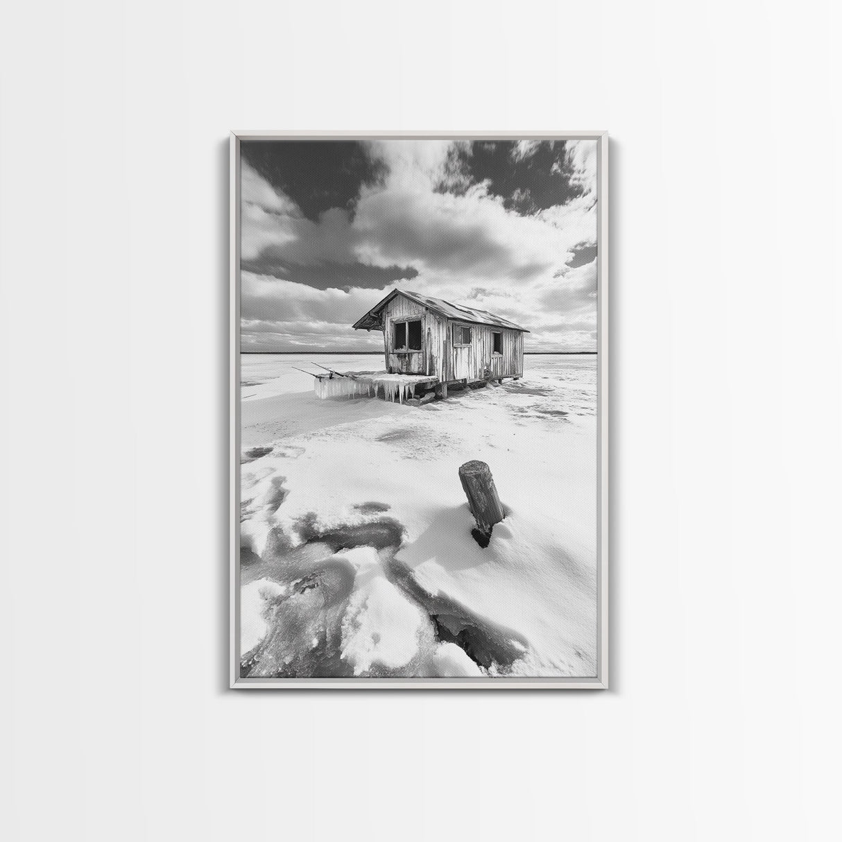 Frozen Cabin Scene, Snowy Landscape, Winter Monochrome, Canvas Print, Cabin Wall Art, Rustic Winter Decor, Nature Photography