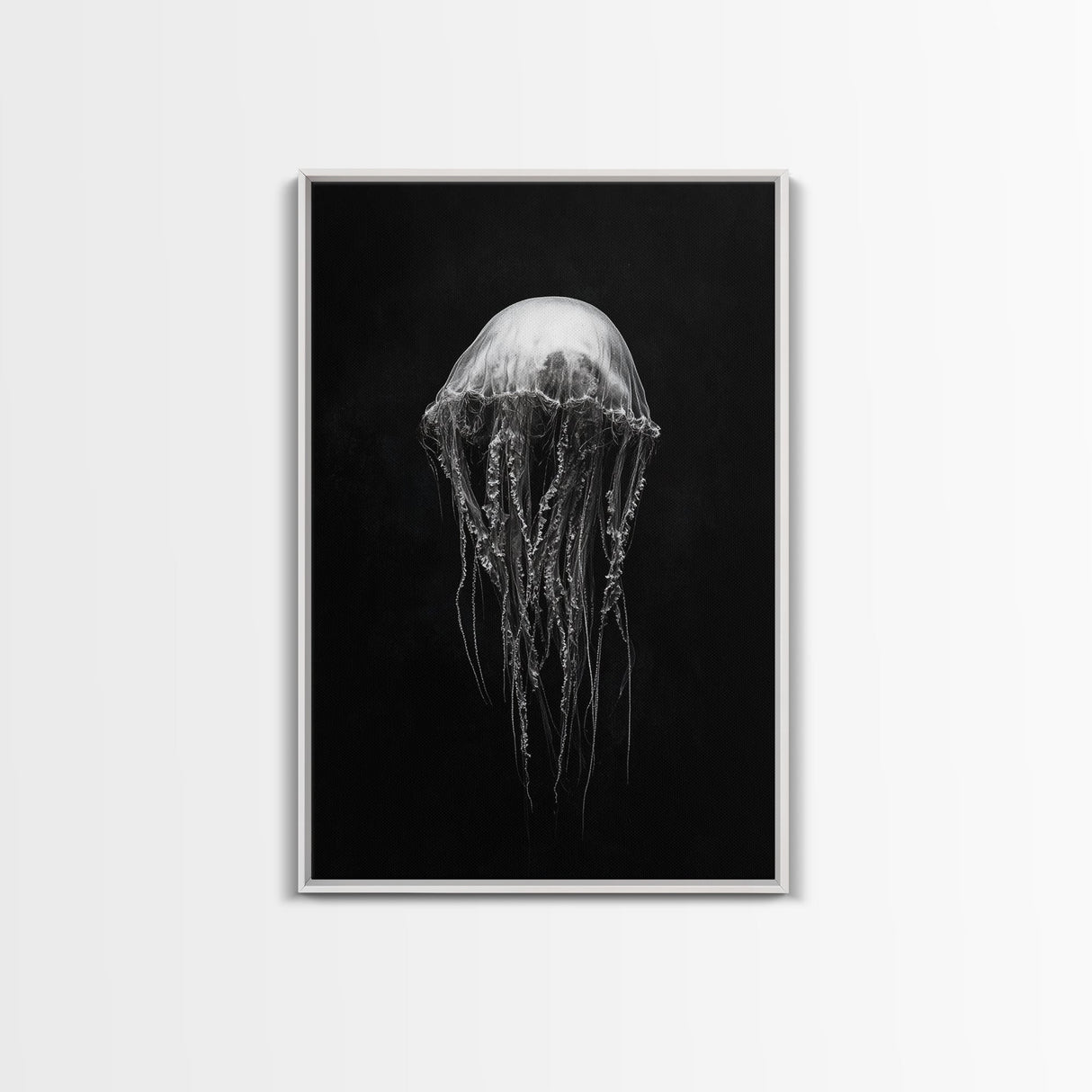 Elegant Jellyfish Art, Ocean Wildlife, Monochrome Marine, Framed Canvas Print, Bathroom Decor, Nautical Wall Art, Minimalist Sea Life
