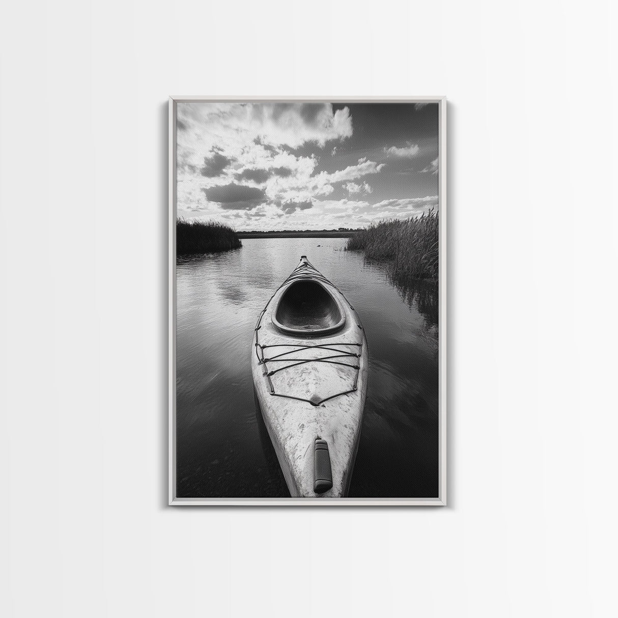 Kayak Lake View, Serene Water Landscape, Outdoor Adventure Art, Canvas Print, Cabin Wall Decor, Nature Lover Gift, Minimalist Water Art
