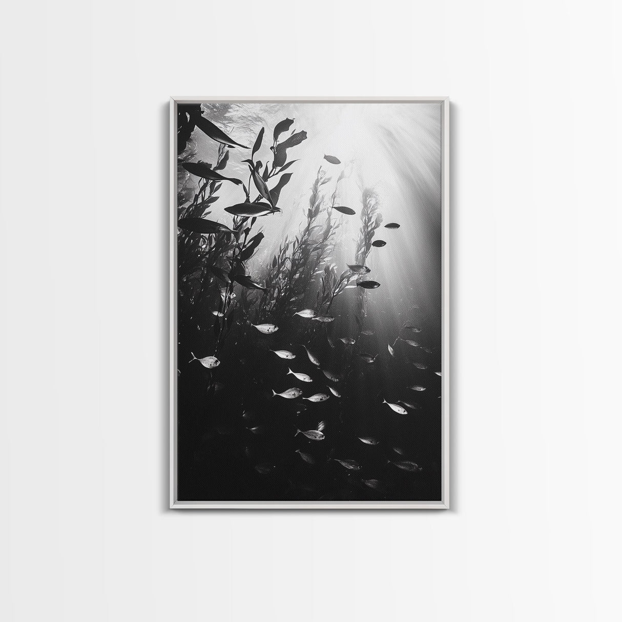 Kelp Forest Depth, Underwater Fish Scene, Ocean Life, Canvas Print, Marine Wall Art, Coastal Decor, Moody Nature Photography, Bathroom Art