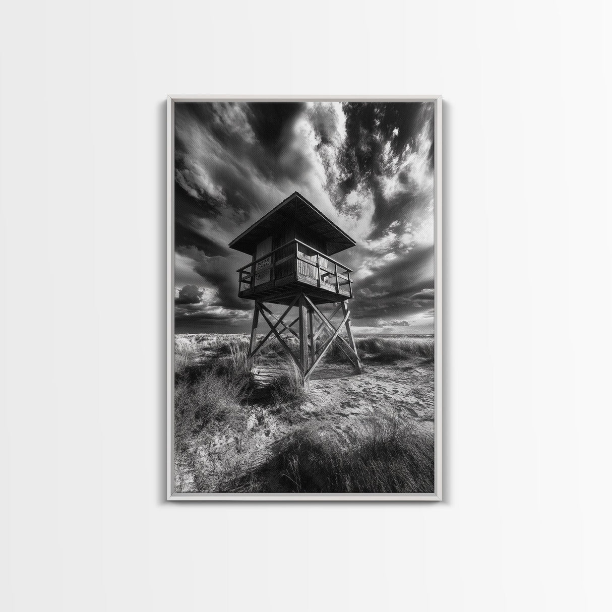 Lifeguard Tower Drama, Windy Beach Sky, Ocean Landscape, Canvas Print, Coastal Wall Art, Moody Surreal Decor, Living Room Statement Art