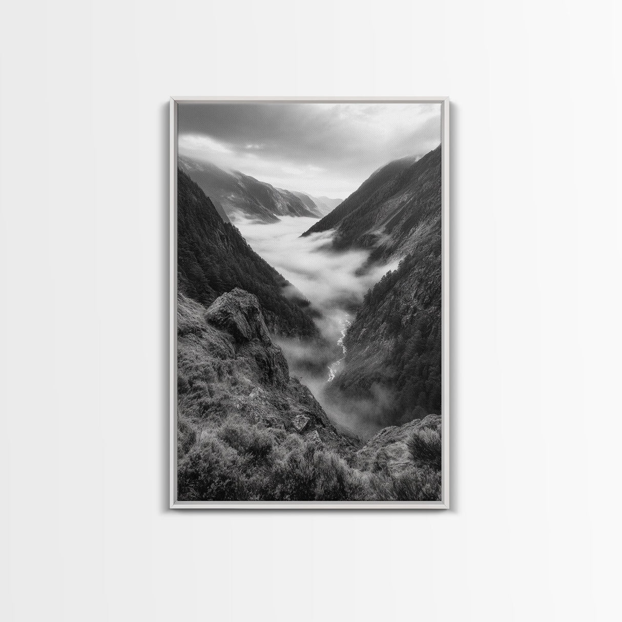 Foggy Mountain Valley, Nature Escape, Serene Wall Art, Framed Canvas Print, Adventure Photography, Cabin Autumn Decor