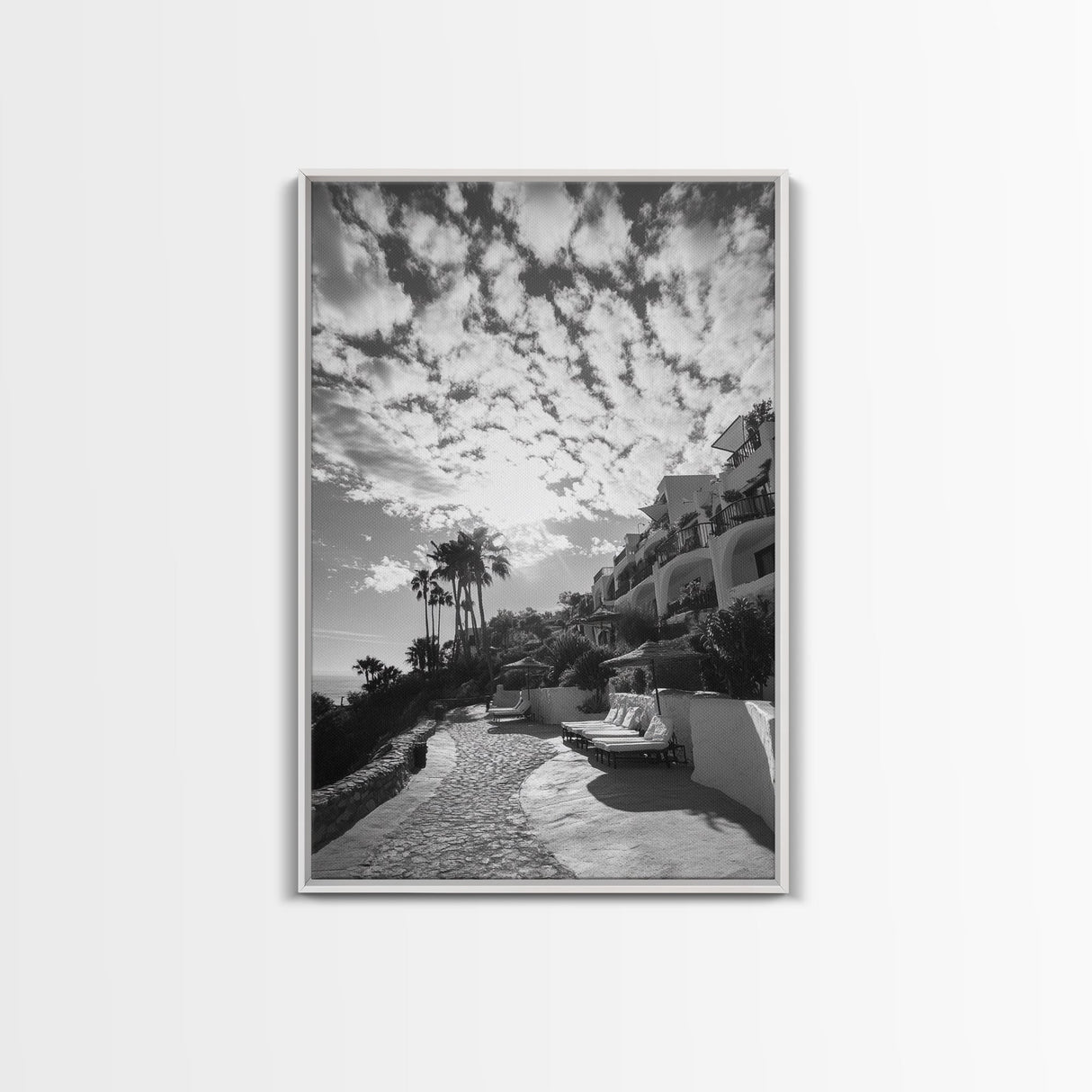 Mediterranean Villa, Palm Tree Art, Coastal Pathway, Framed Canvas Print, Living Room Decor, Summer Wall Art, Black and White Photography