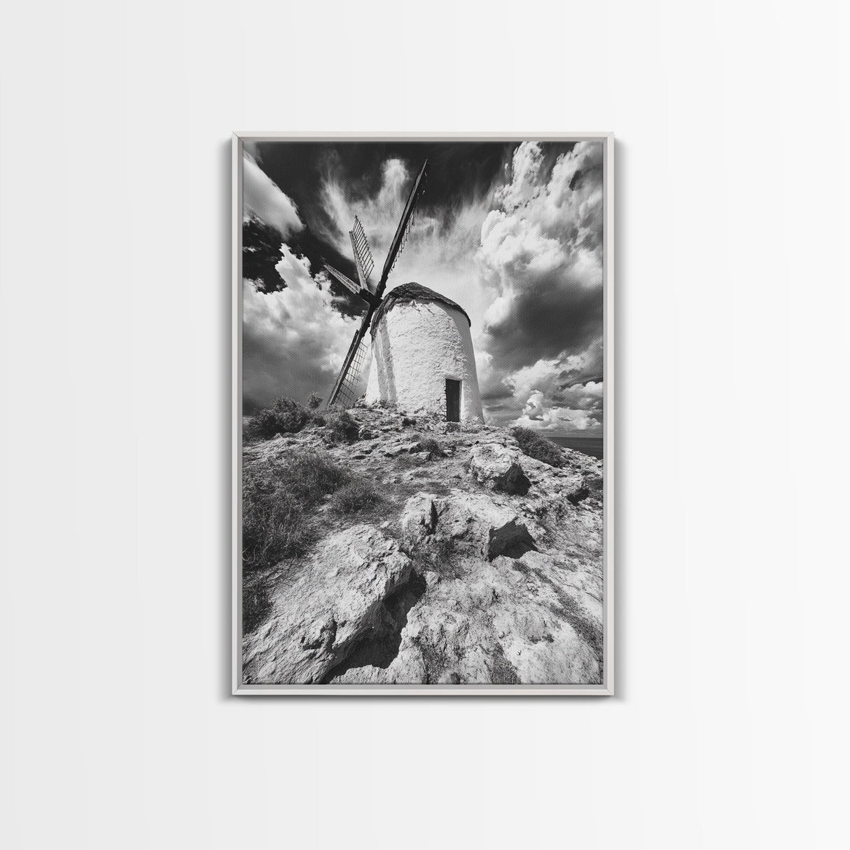 Windmill Hill, Dramatic Sky Art, European Landscape, Framed Canvas Print, Entryway Wall Art, Rustic Decor, Monochrome Photography