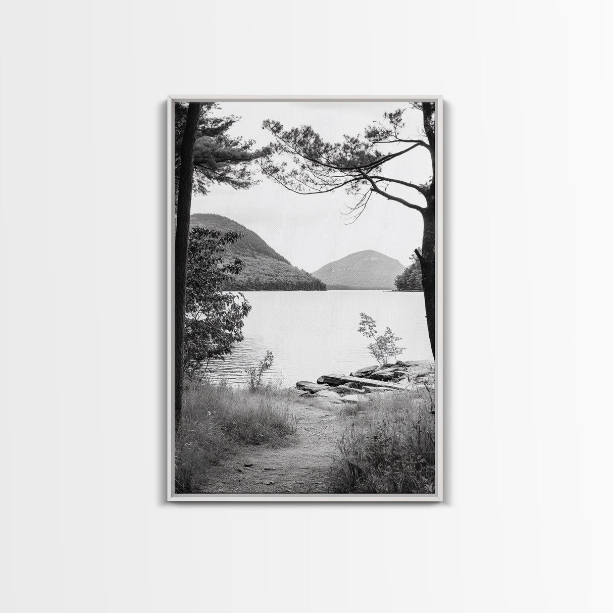 Forest Lake, Mountain View, Peaceful Trail, Framed Canvas Print, Cabin Decor, Fall Landscape, Living Room Art, Tranquil Nature Print