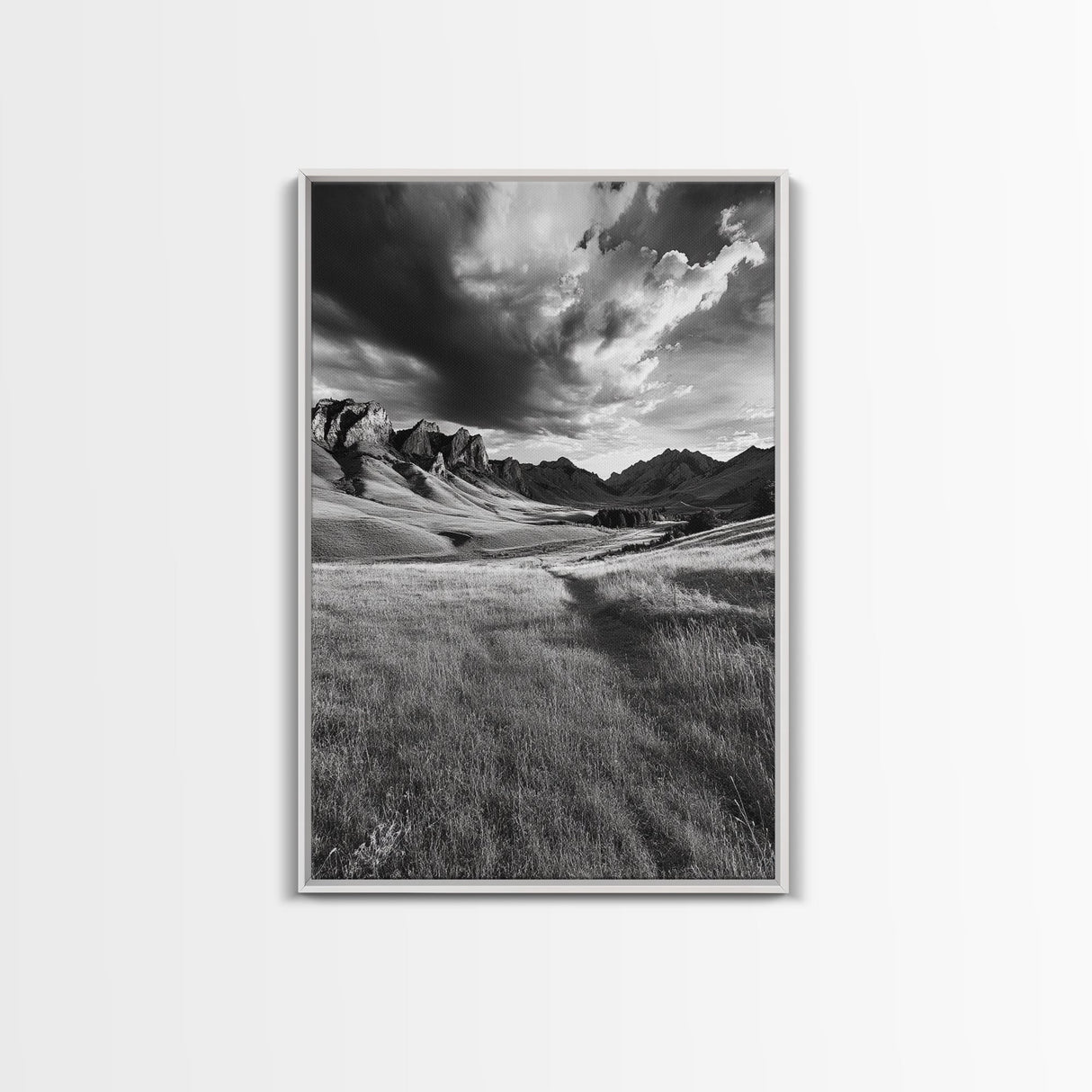 Mountain Valley, Stormy Sky, Western Landscape, Framed Canvas Print, Office Wall Art, Moody Nature Decor, Fall Art, Wilderness Style