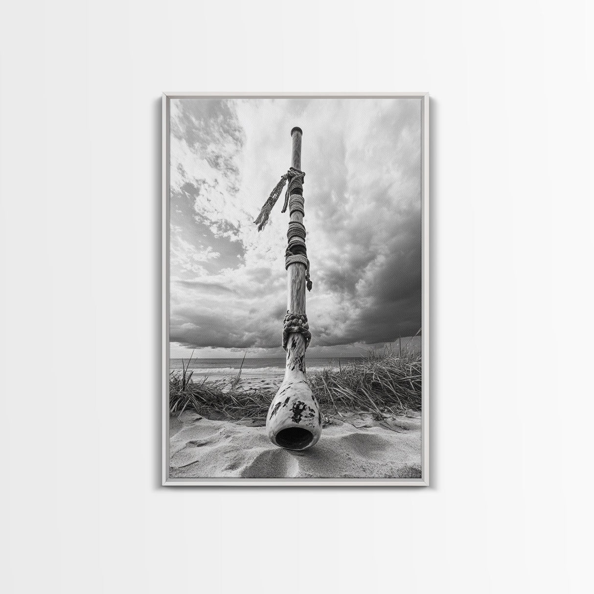 Coastal Totem, Beach Symbol, Stormy Horizon, Framed Canvas Print, nautical art, entryway decor, tribal coastal artwork, Modern Loft Decor