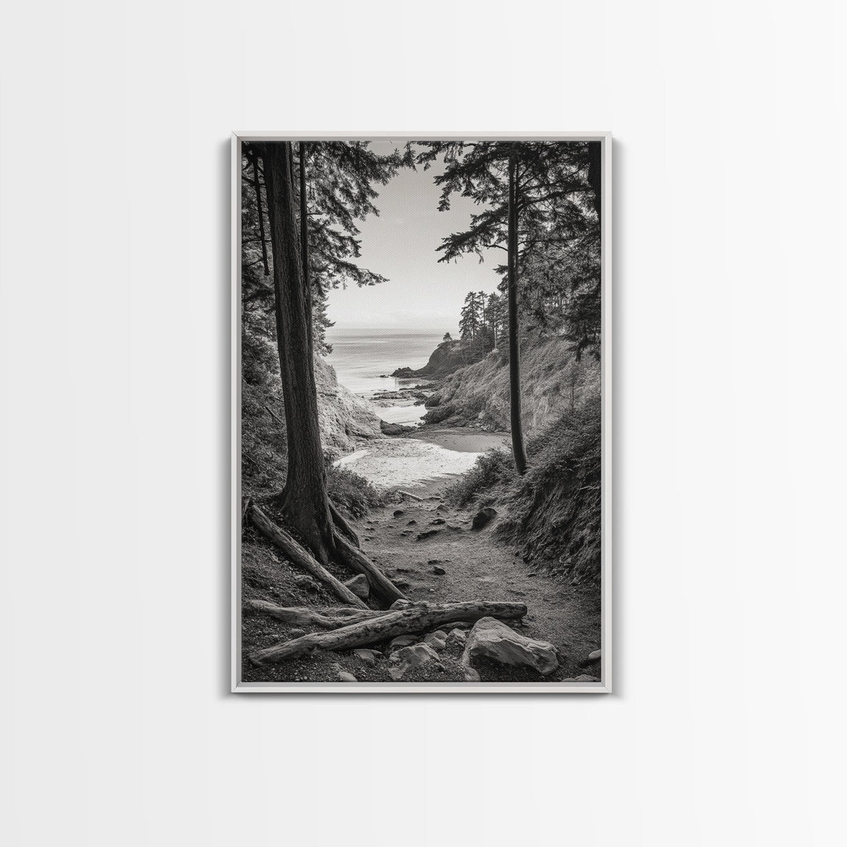 orest Cove, Ocean View, Pacific Trail, Framed Canvas Print, Coastal Nature Wall Art, Entryway Decor, Earthy Minimalist Photography