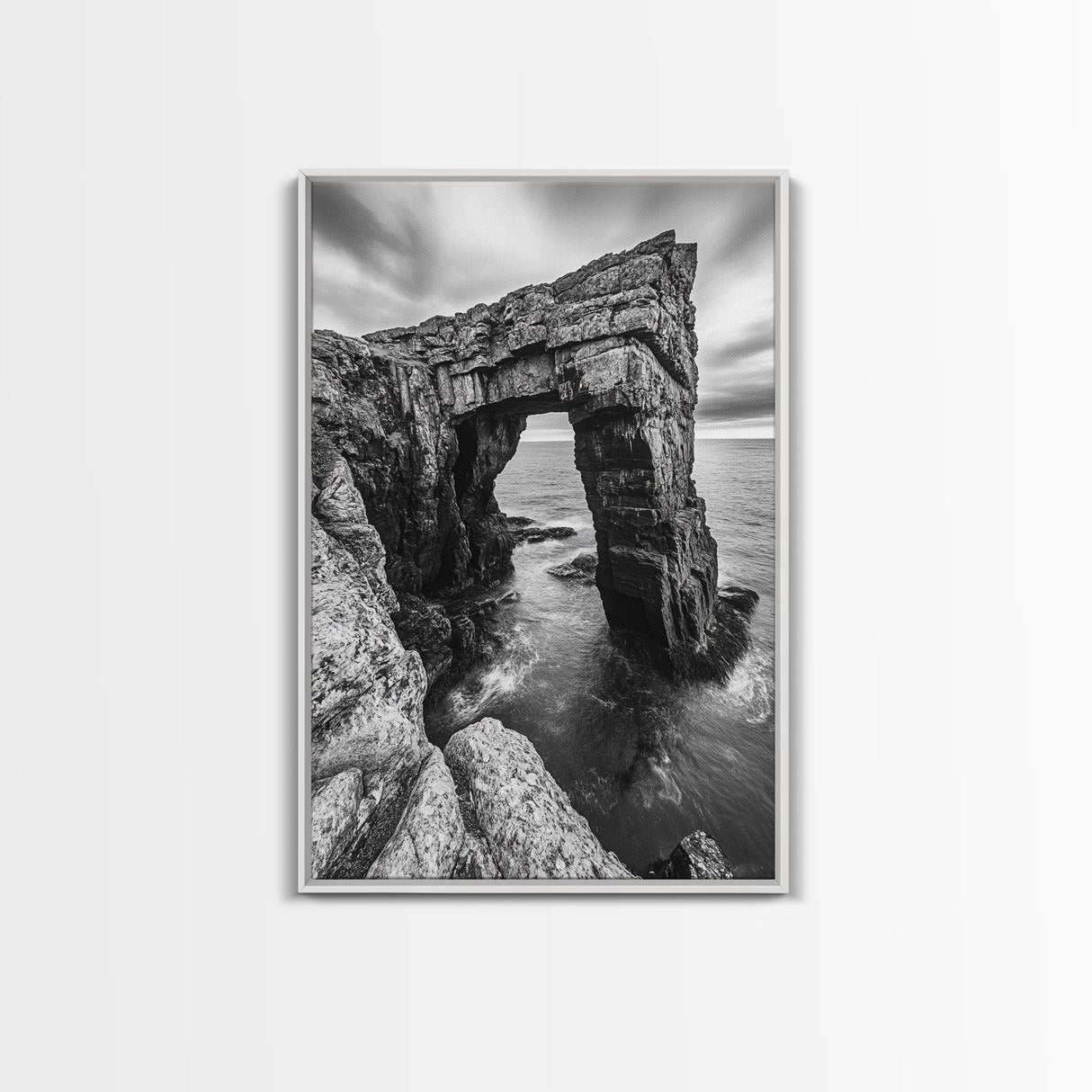 Sea Arch, Coastal Rock, Ocean Cliffside, Canvas Print, Dramatic Nature Wall Art, Living Room or Office Decor, Black White Seascape