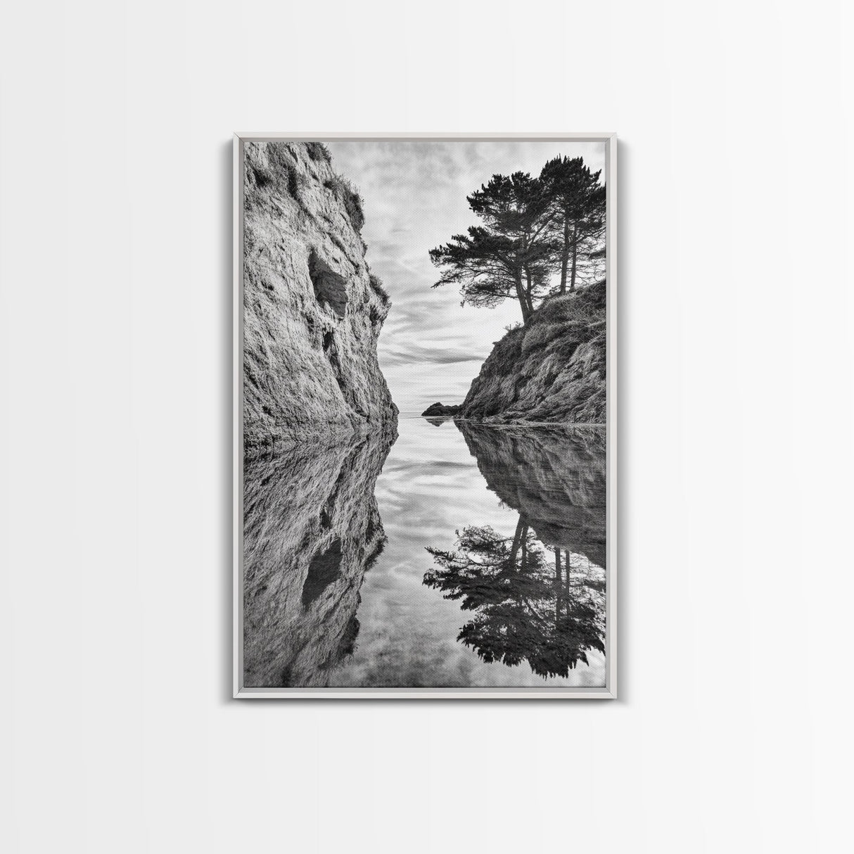 Reflected Trees, Peaceful Cove, Monochrome Seascape, Tranquil Decor, Framed Canvas Print, Zen Wall Art, Entryway Print, Coastal Calm