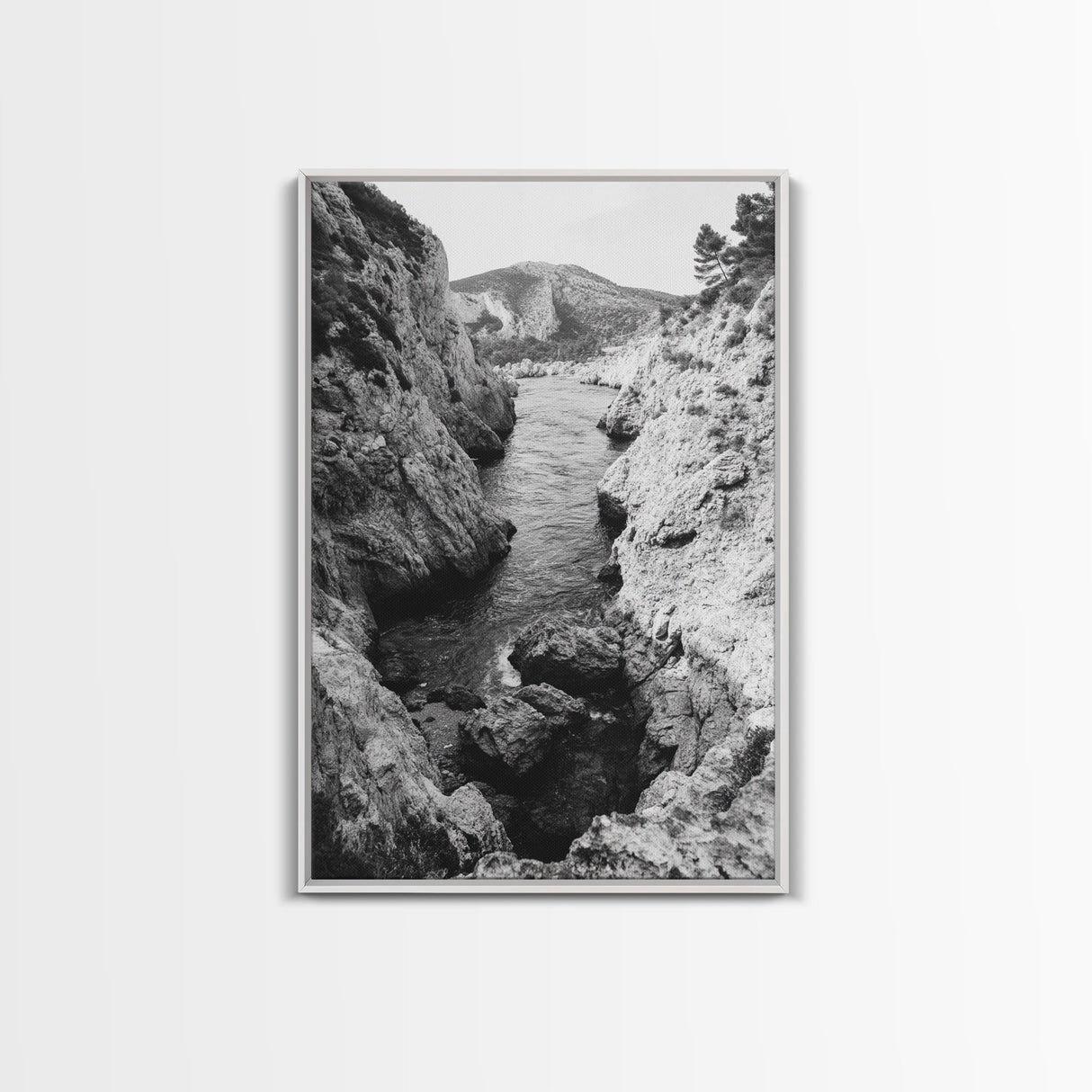 Mountain Gorge, Rugged Canyon, Flowing Stream, Wilderness Explorer, Framed Canvas Print, Cabin Wall Art, Adventurous Rustic Style